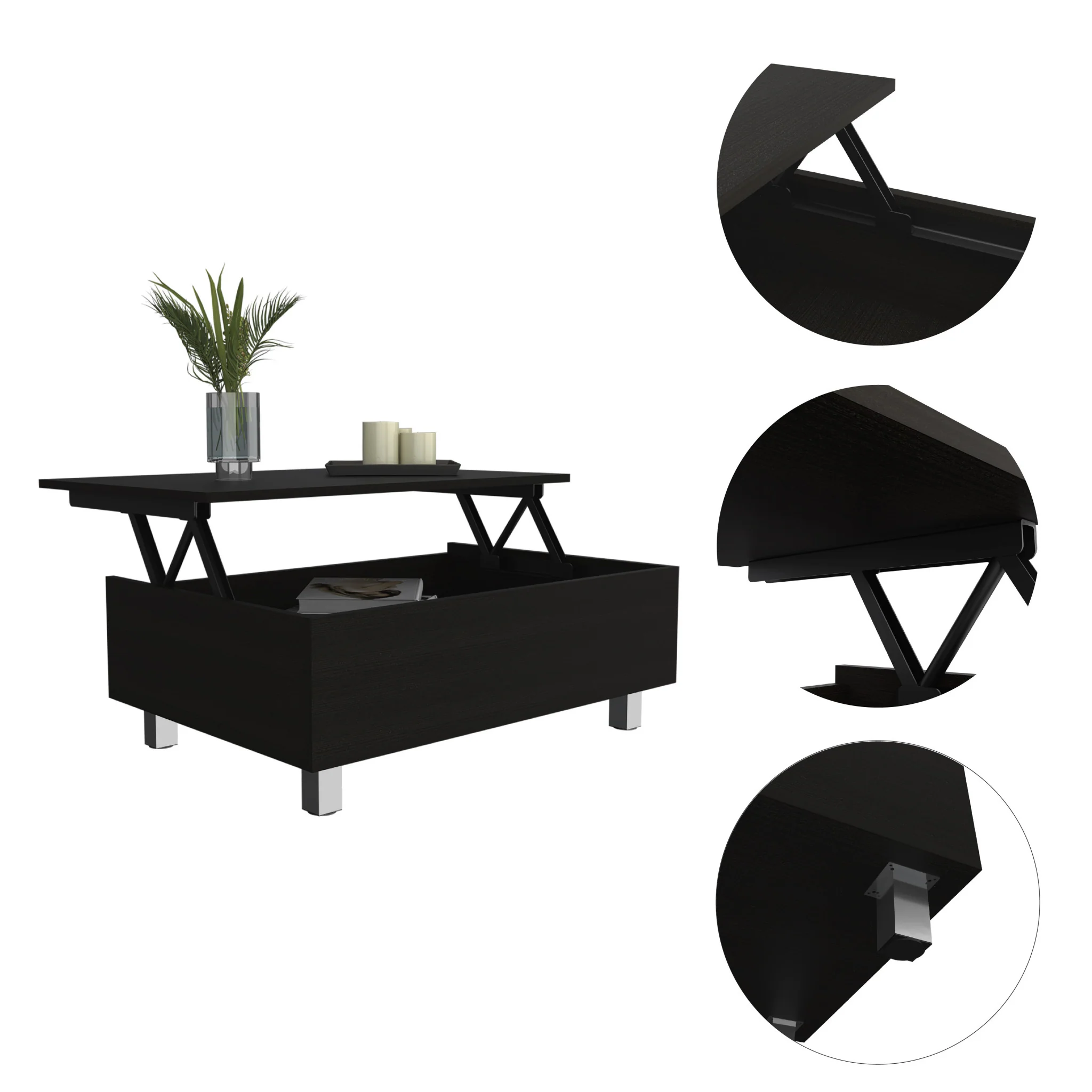 32" Black Manufactured Wood Rectangular Lift Top Coffee Table With Drawer And Shelf By Homeroots - Image 3