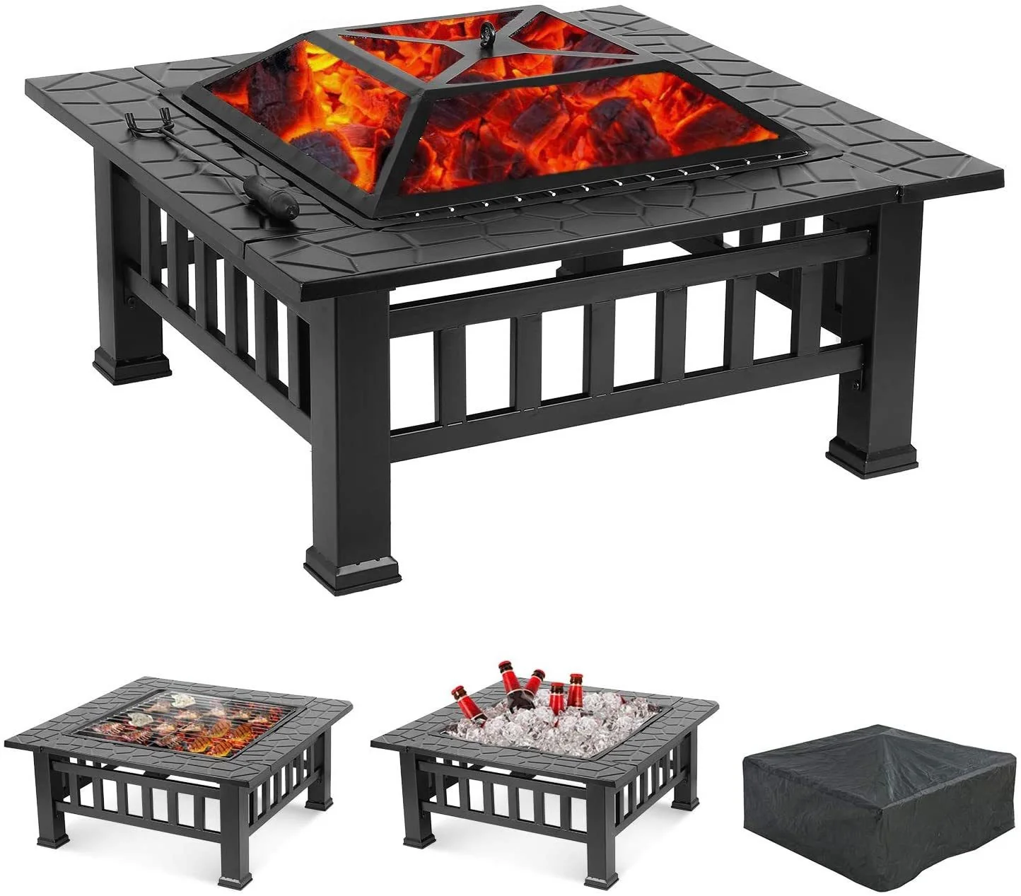 32" Black Square Charcoal or Wood Burning Fire Pit with Cover By Homeroots - Image 3