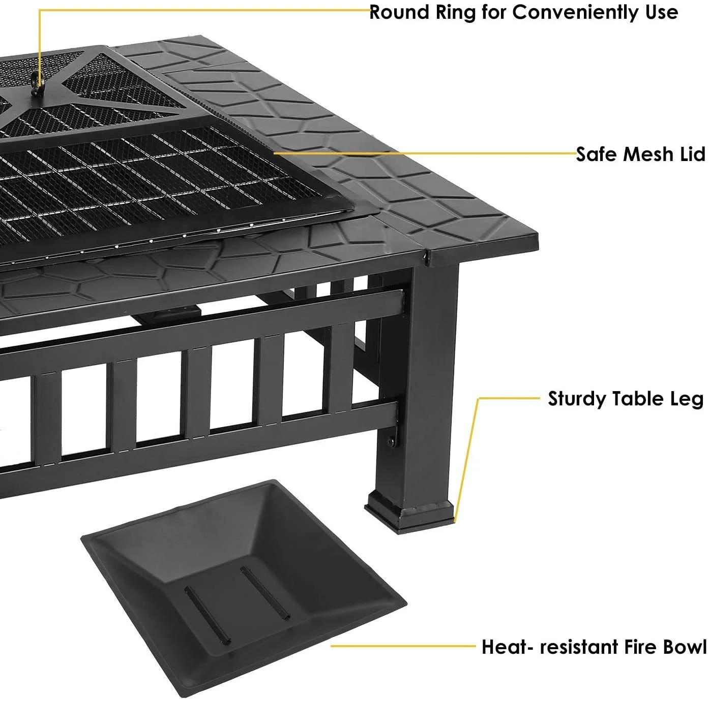 32" Black Square Charcoal or Wood Burning Fire Pit with Cover By Homeroots - Image 4