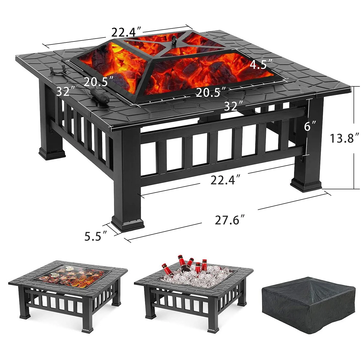 32" Black Square Charcoal or Wood Burning Fire Pit with Cover By Homeroots - Image 6