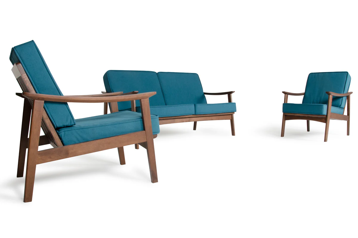 32" Blue and Walnut Wood and Linen Sofa Set By Homeroots - Image 3