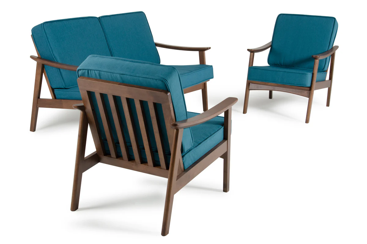 32" Blue and Walnut Wood and Linen Sofa Set By Homeroots - Image 4