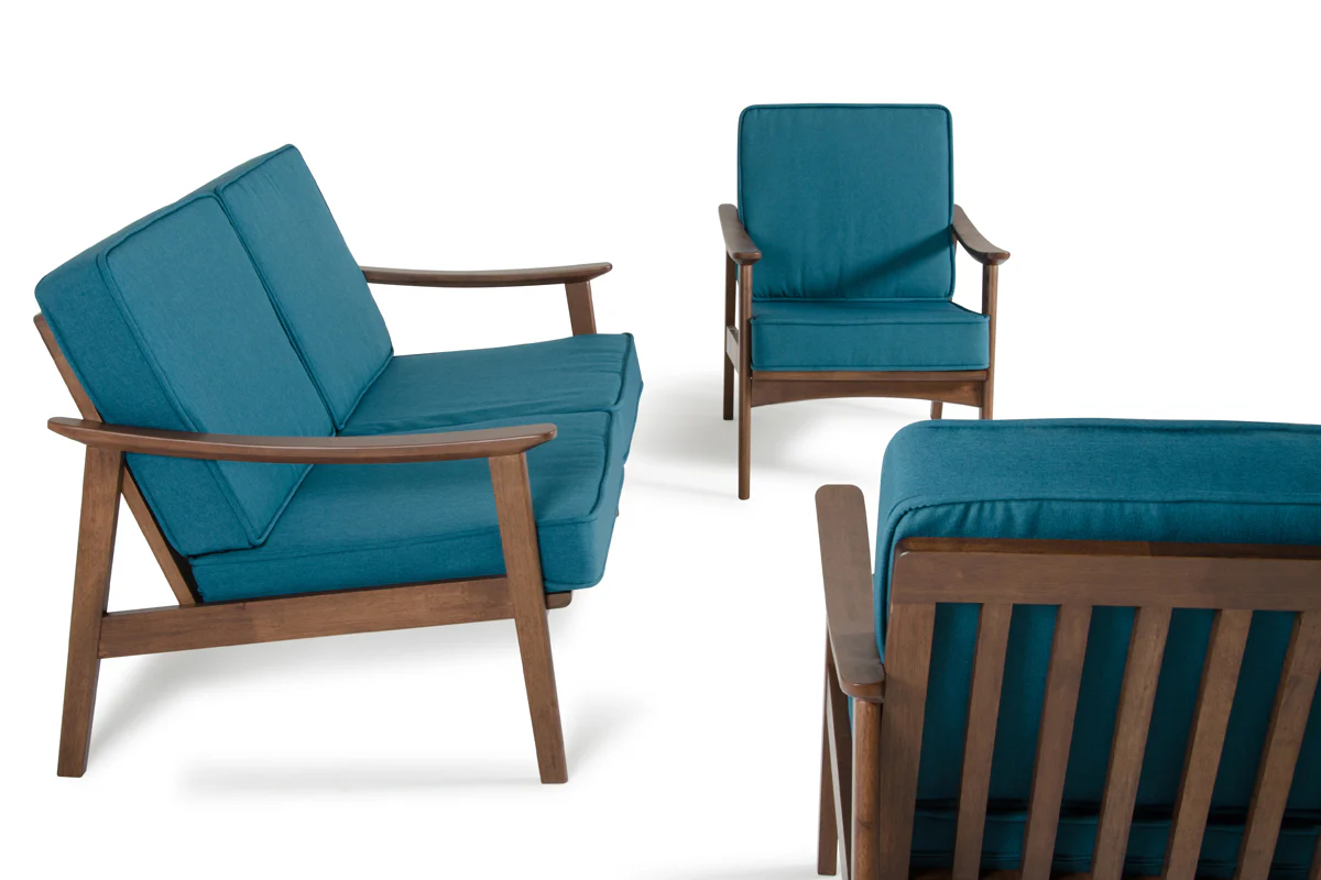 32" Blue and Walnut Wood and Linen Sofa Set By Homeroots - Image 5