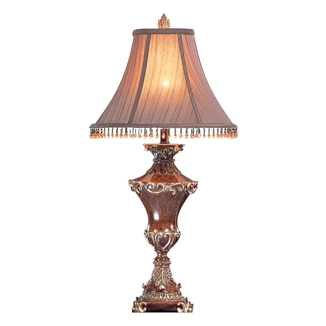 32" Bronze Urn Table Lamp With Brown Bell Shade and Hanging Beads By Homeroots - Image 2