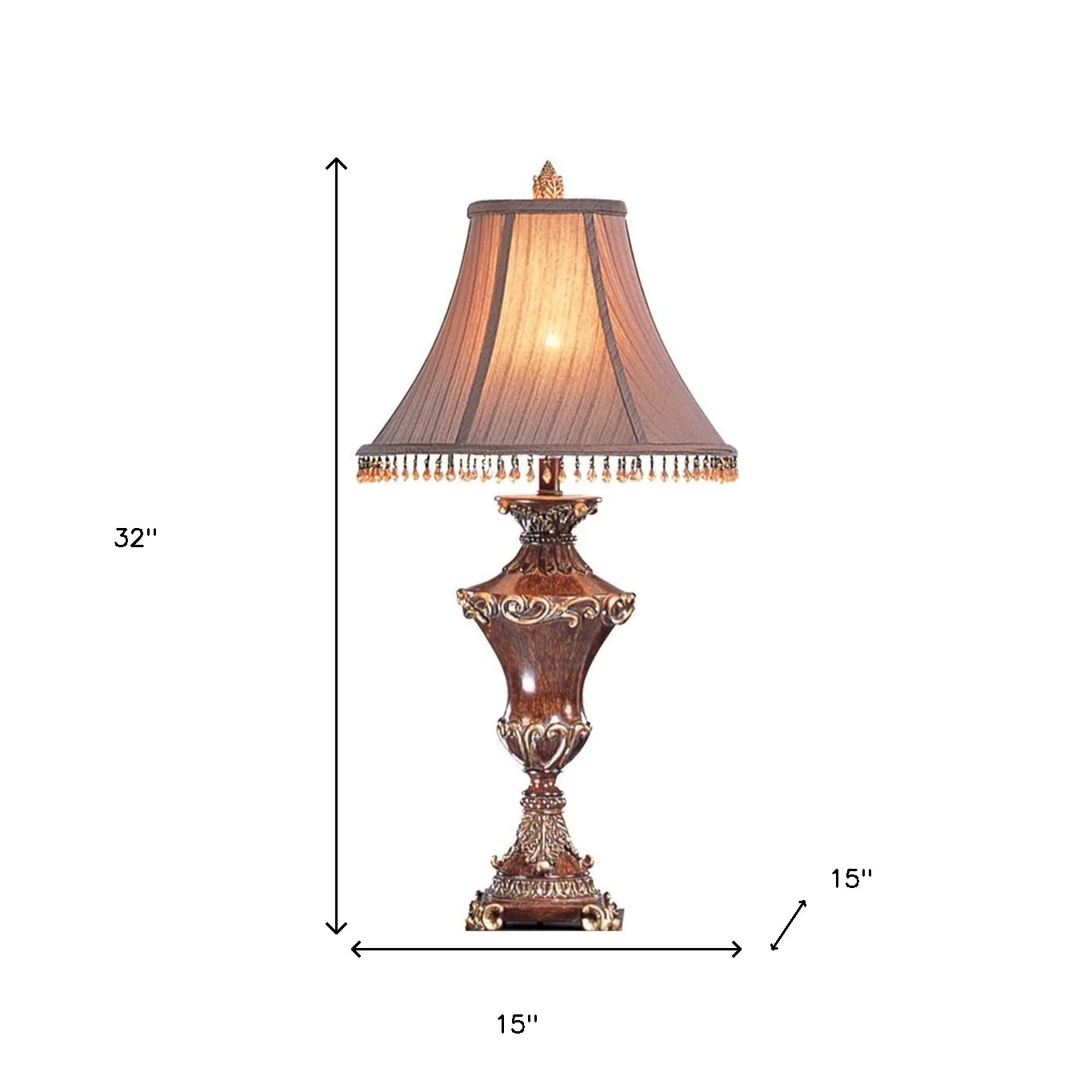 32" Bronze Urn Table Lamp With Brown Bell Shade and Hanging Beads By Homeroots - Image 6