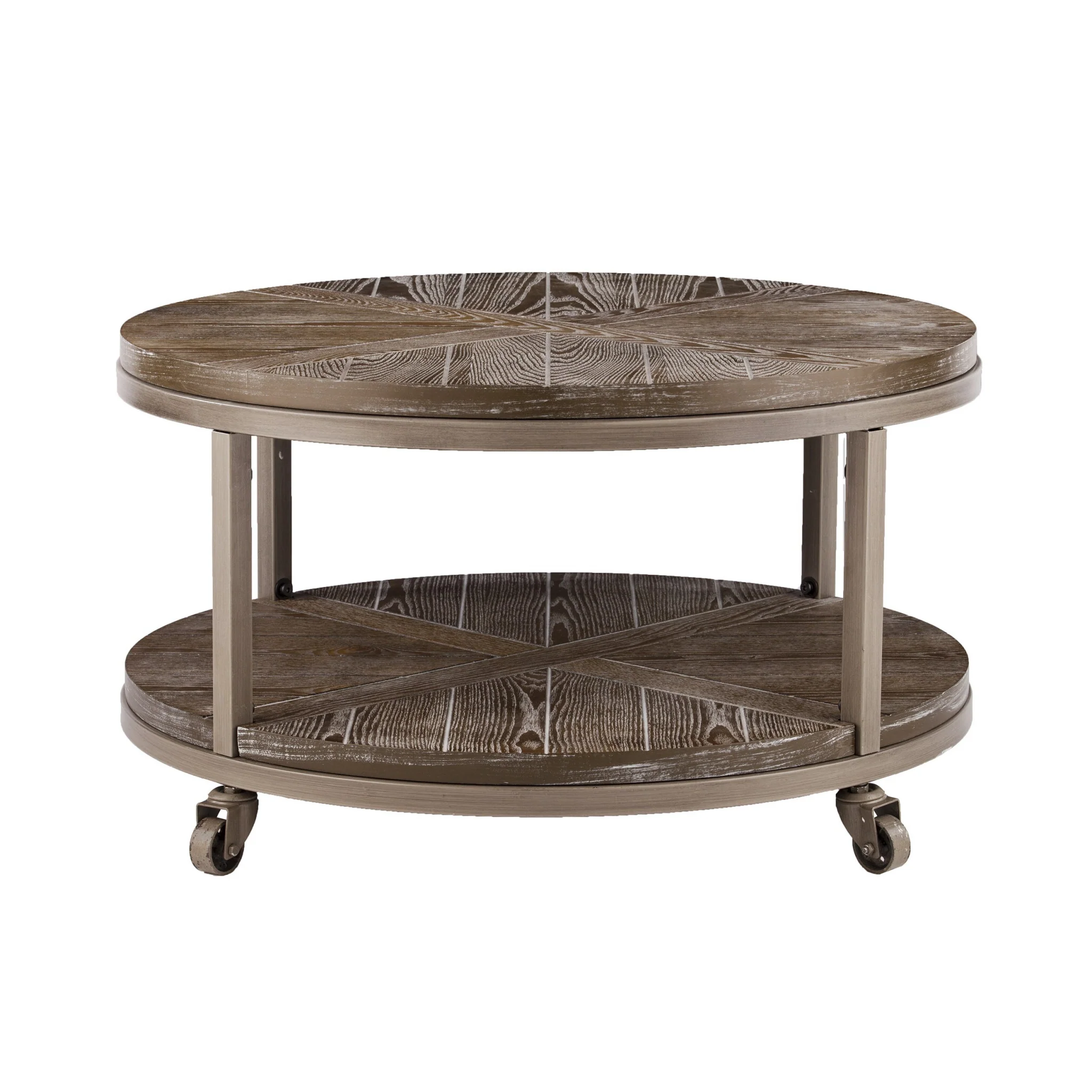 32" Brown Rustic and Distressed Round Two Tier Rolling Coffee Table By Homeroots - Image 2