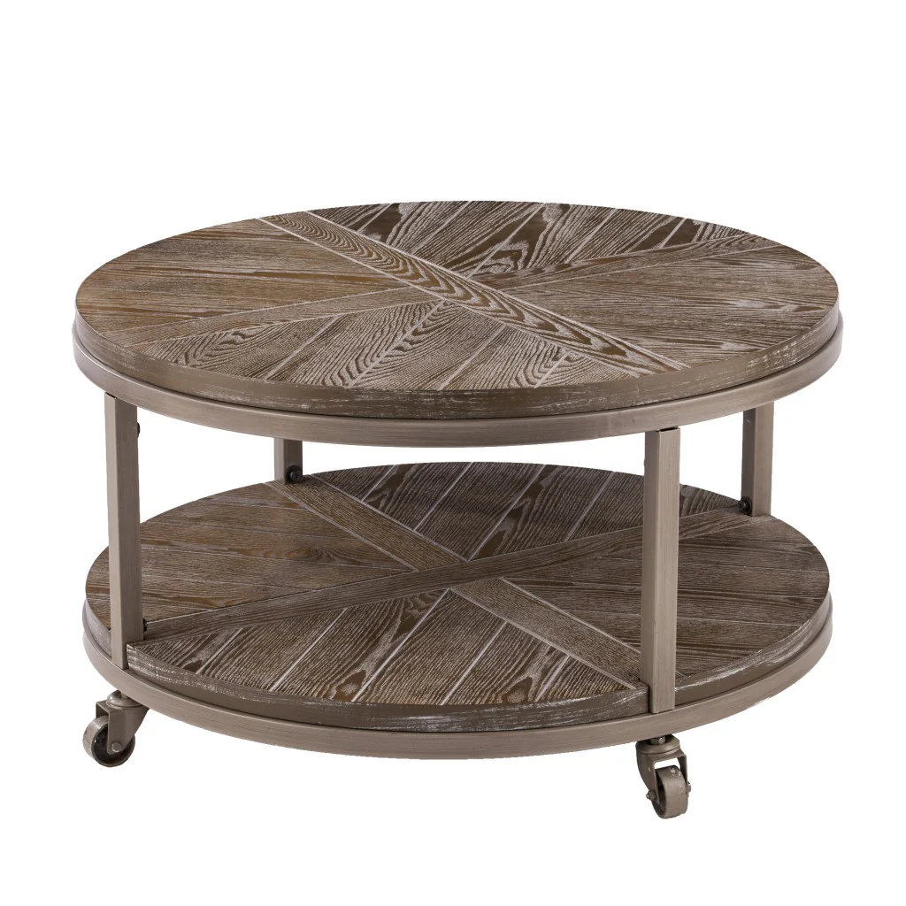 32" Brown Rustic and Distressed Round Two Tier Rolling Coffee Table By Homeroots - Image 3