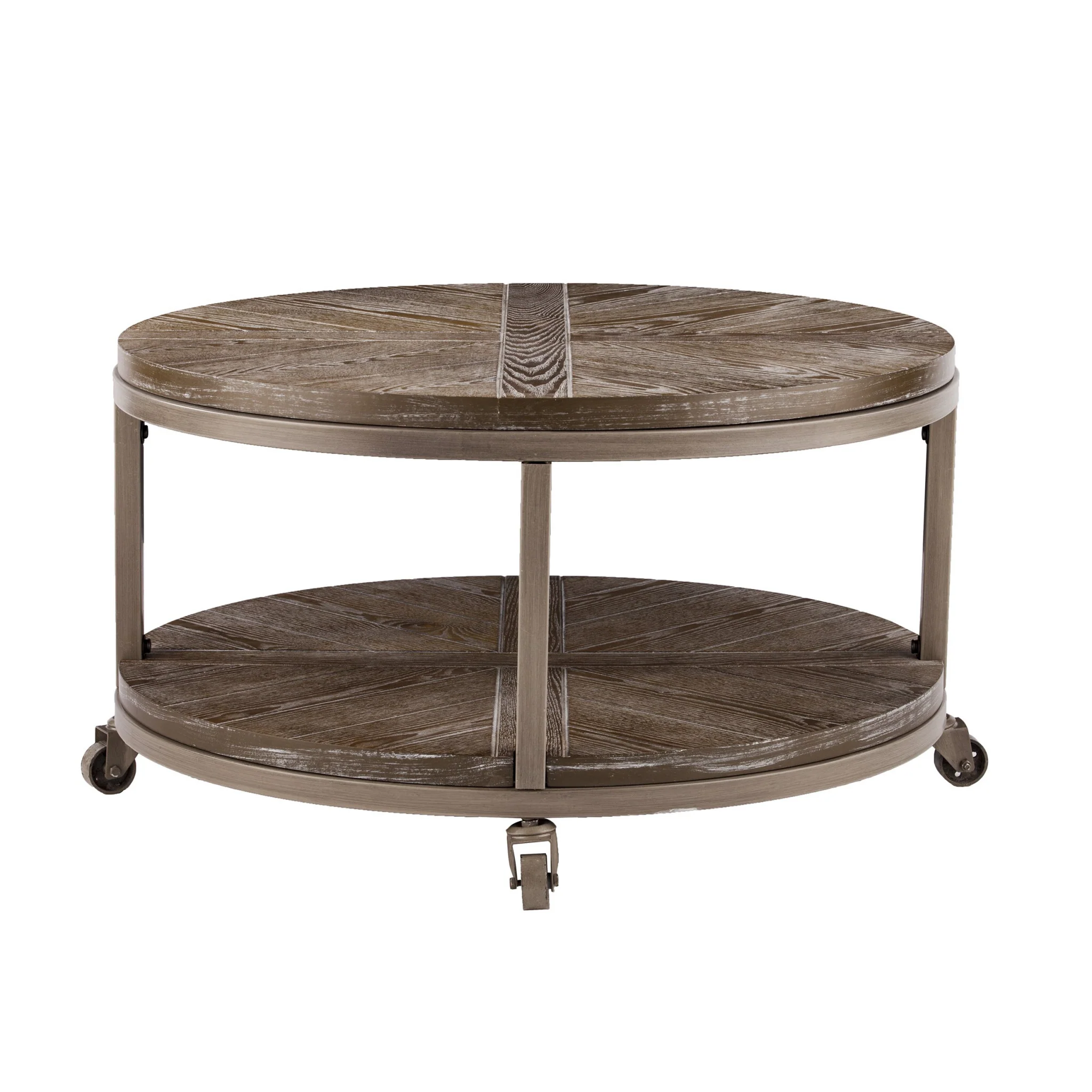 32" Brown Rustic and Distressed Round Two Tier Rolling Coffee Table By Homeroots - Image 4