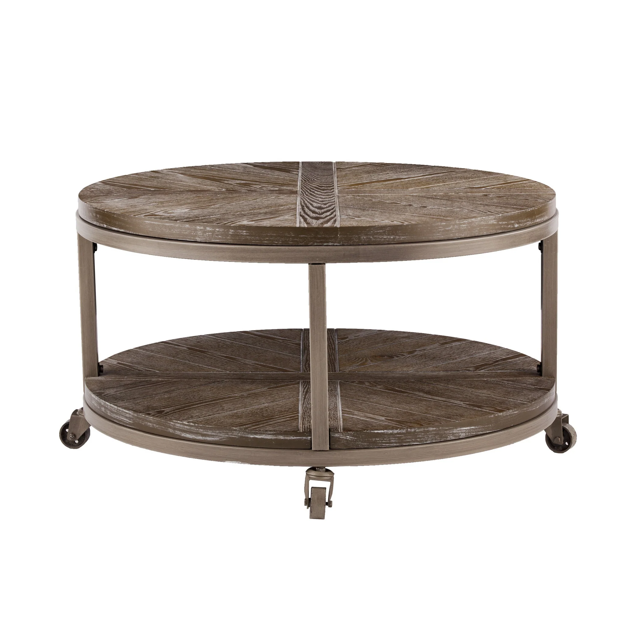 32" Brown Rustic and Distressed Round Two Tier Rolling Coffee Table By Homeroots - Image 5