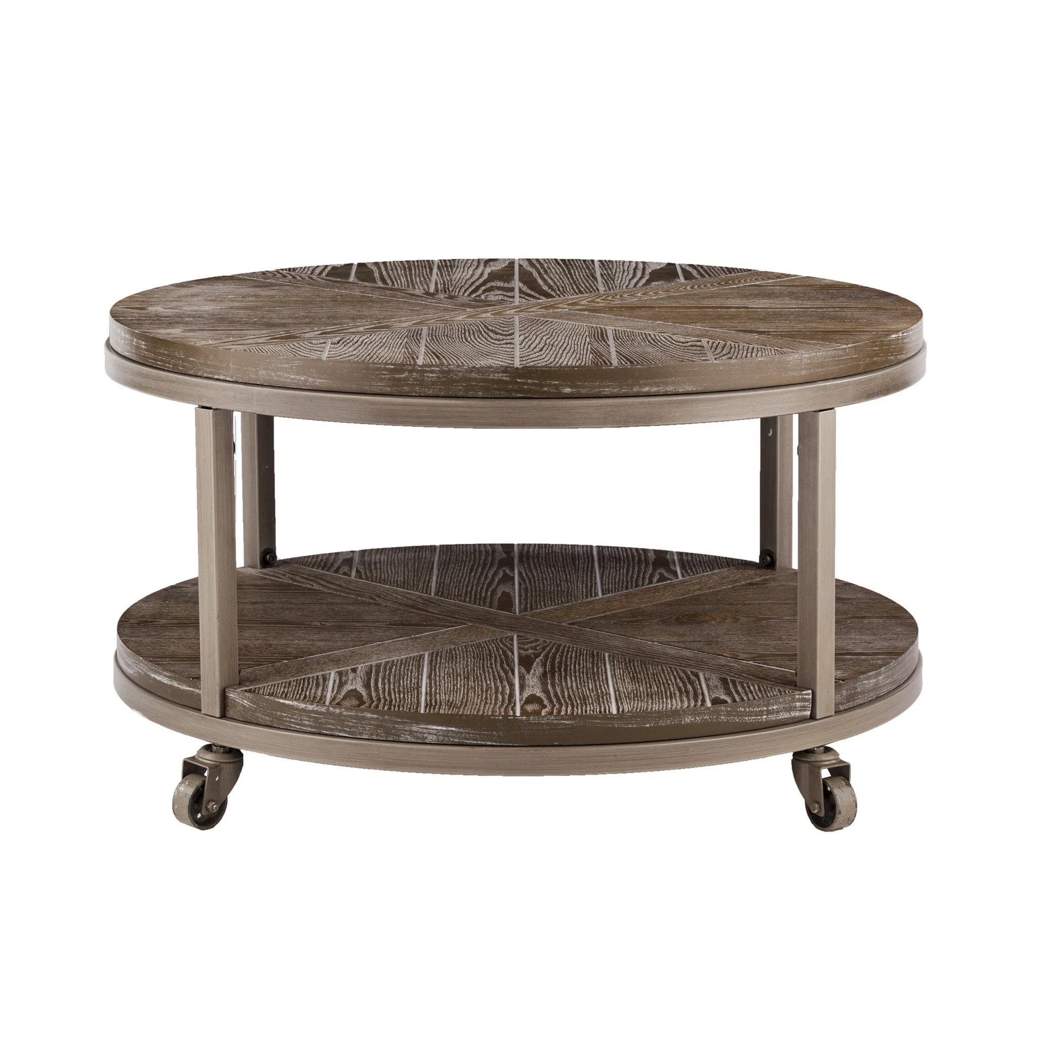 32" Brown Rustic and Distressed Round Two Tier Rolling Coffee Table By Homeroots - Image 6