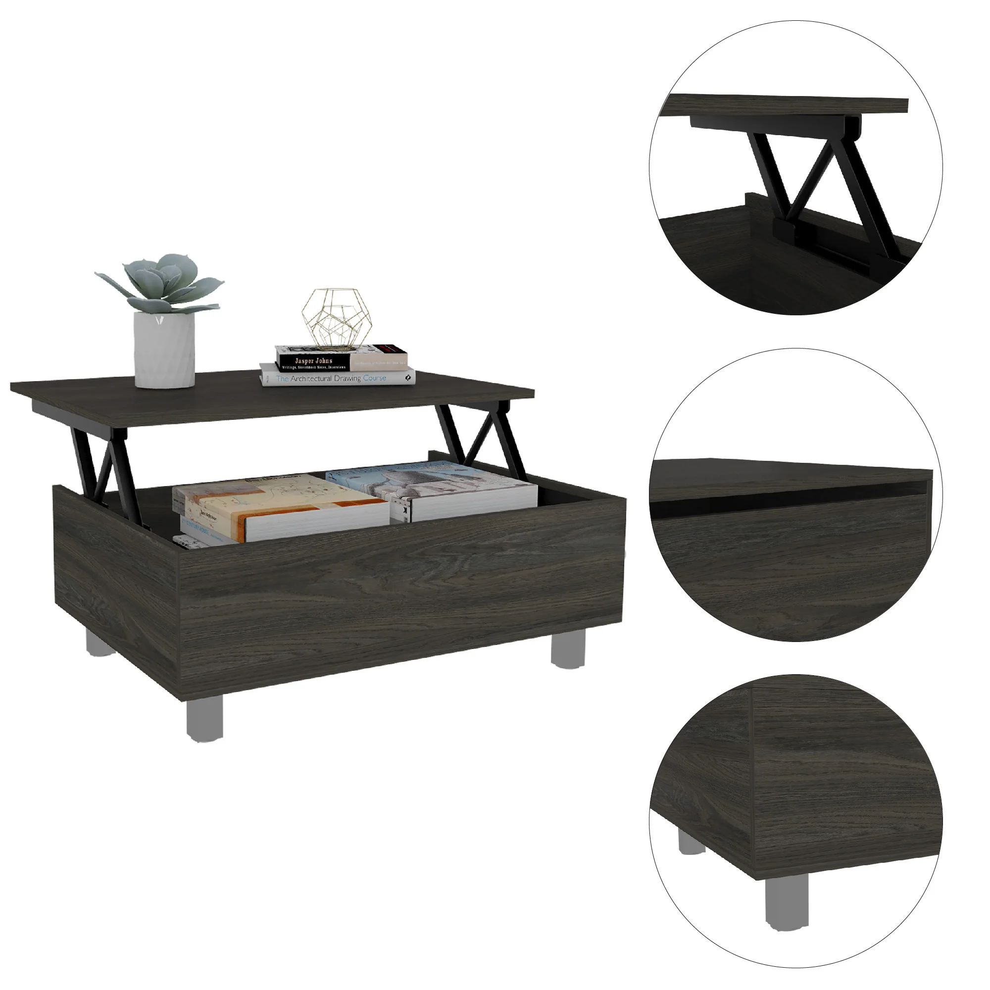 32" Carbon Espresso Manufactured Wood Rectangular Lift Top Coffee Table With Drawer And Shelf By Homeroots - Image 3