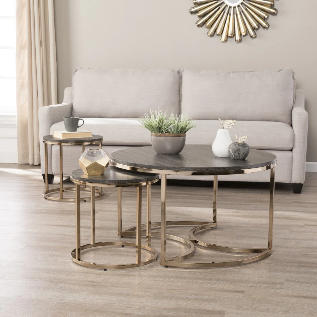 32" Champagne And Charcoal Manufactured Wood And Metal With Iron Round Coffee Table By Homeroots - Image 2