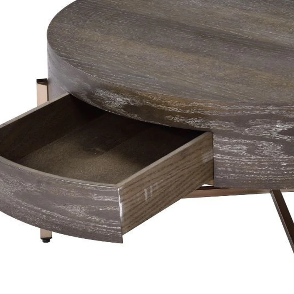 32" Champagne And Dark Oak Round Coffee Table With Drawer By Homeroots - Image 3