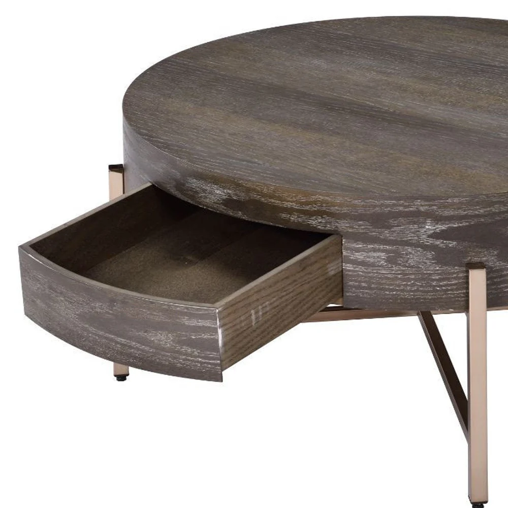 32" Champagne And Dark Oak Round Coffee Table With Drawer By Homeroots - Image 4