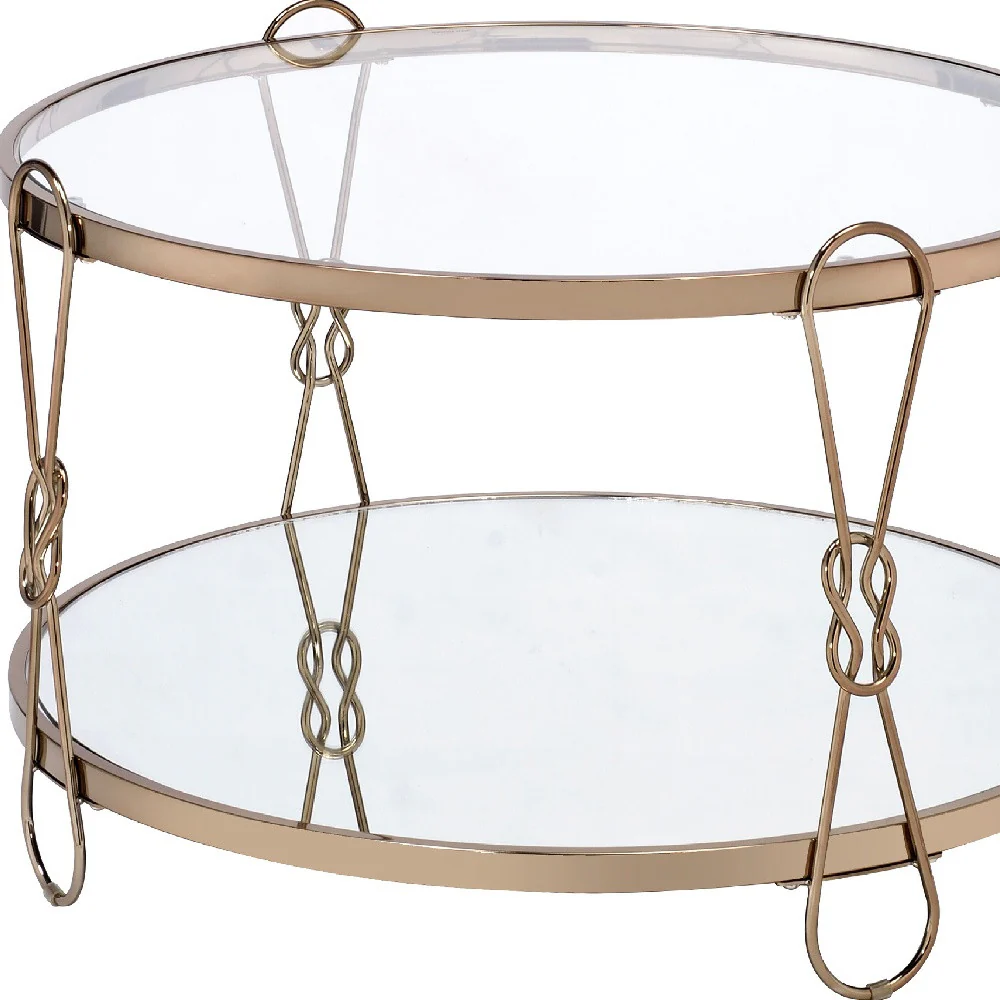 32" Champagne And Silver Mirrored Round Mirrored Coffee Table With Shelf By Homeroots - Image 5