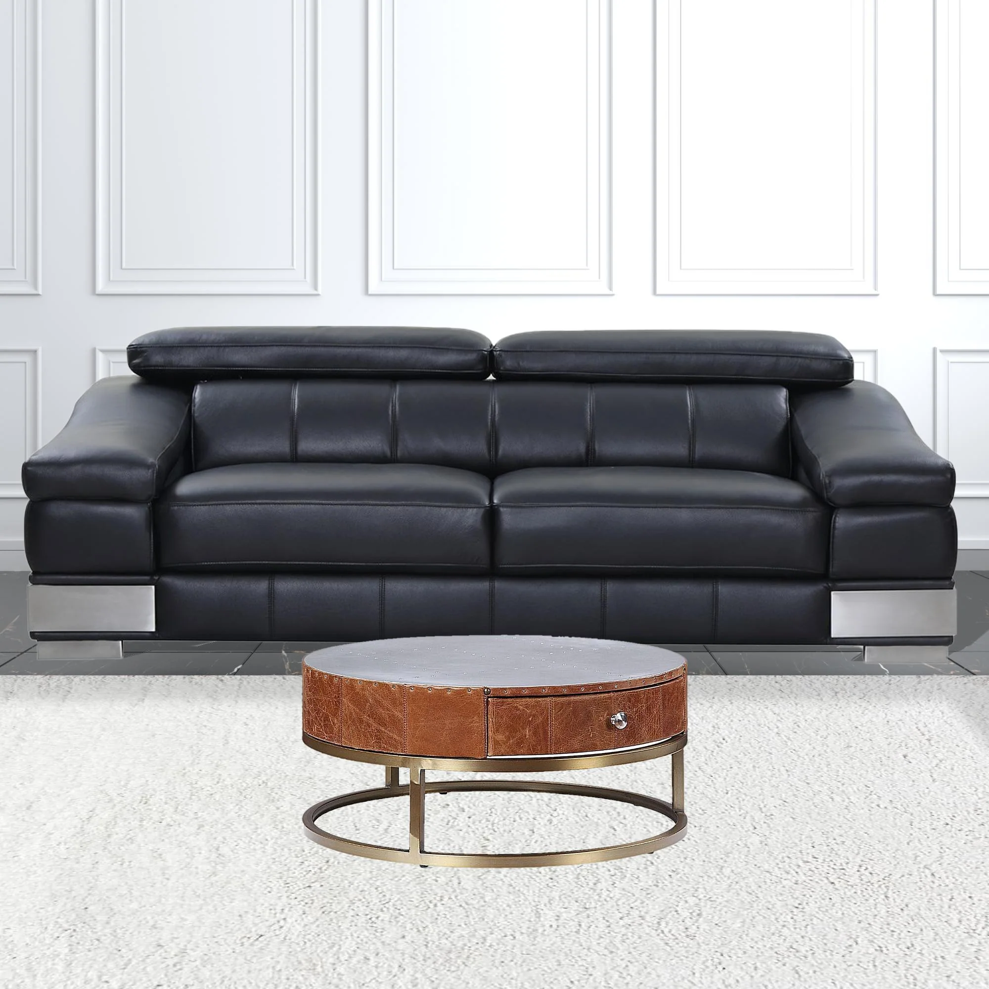 32" Cocoa And Silver Aluminum Round Coffee Table With Drawer By Homeroots - Image 2