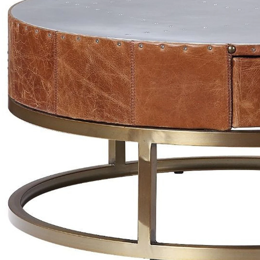 32" Cocoa And Silver Aluminum Round Coffee Table With Drawer By Homeroots - Image 4
