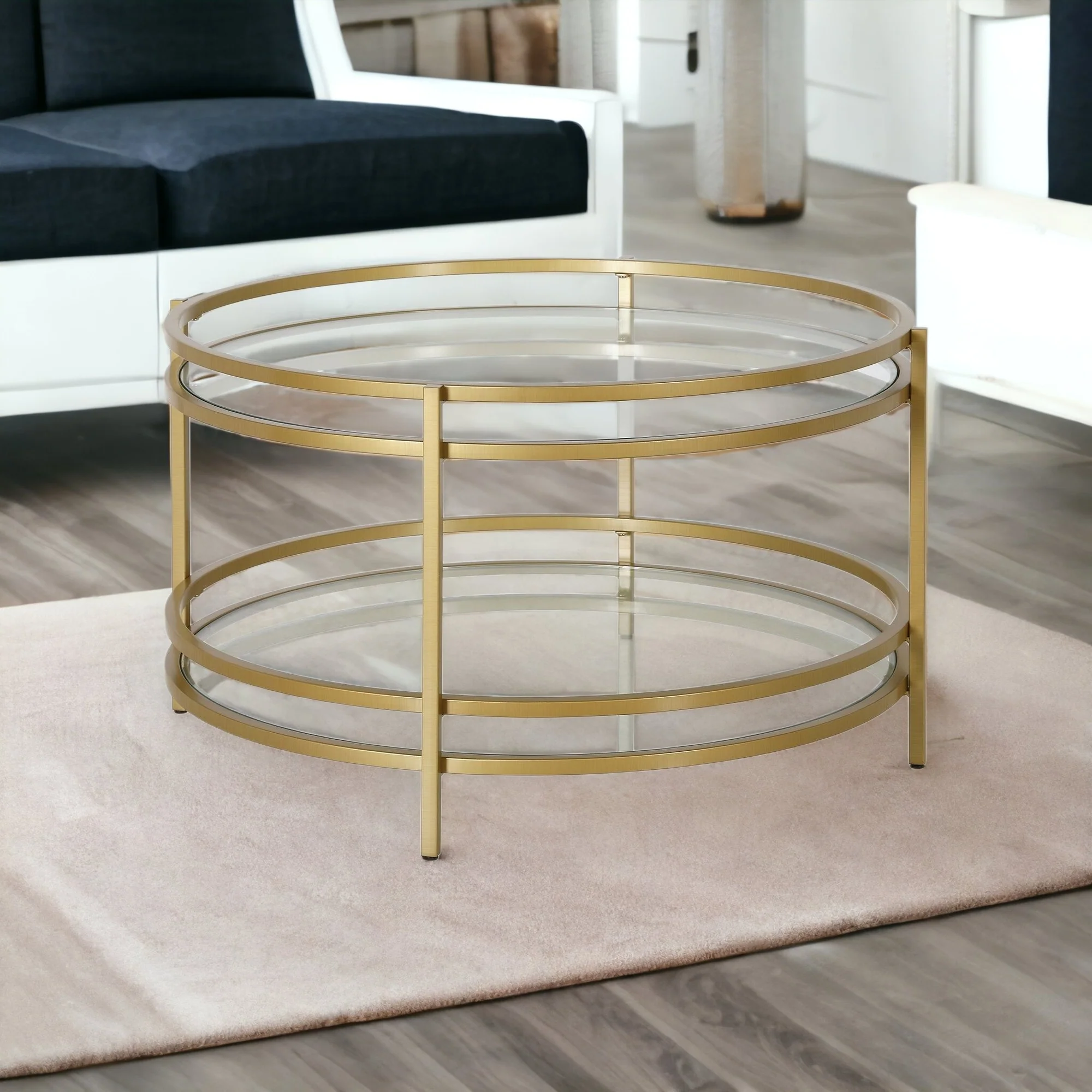 32" Gold and Glass Round Coffee Table With Shelf By Homeroots - Image 4