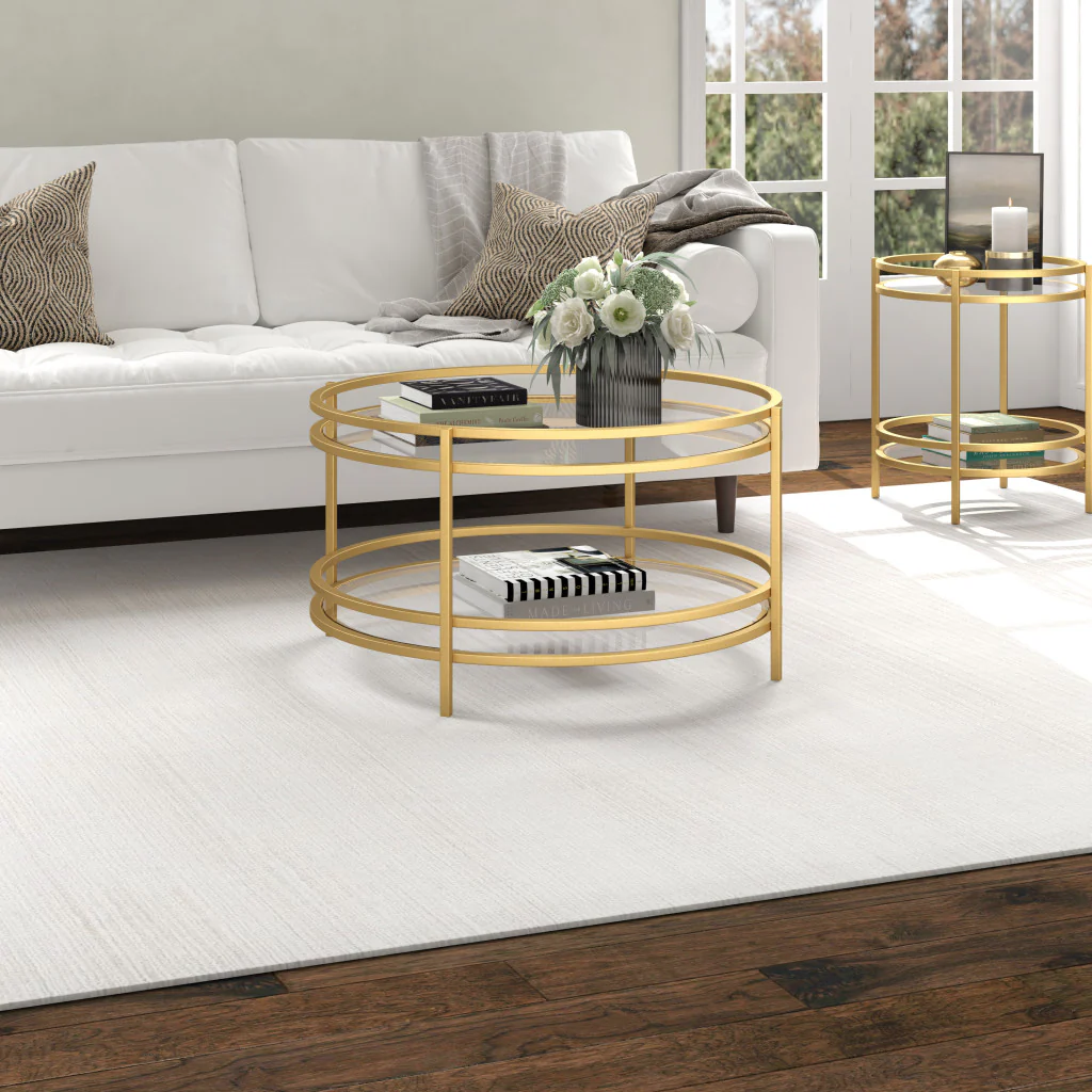 32" Gold and Glass Round Coffee Table With Shelf By Homeroots - Image 5
