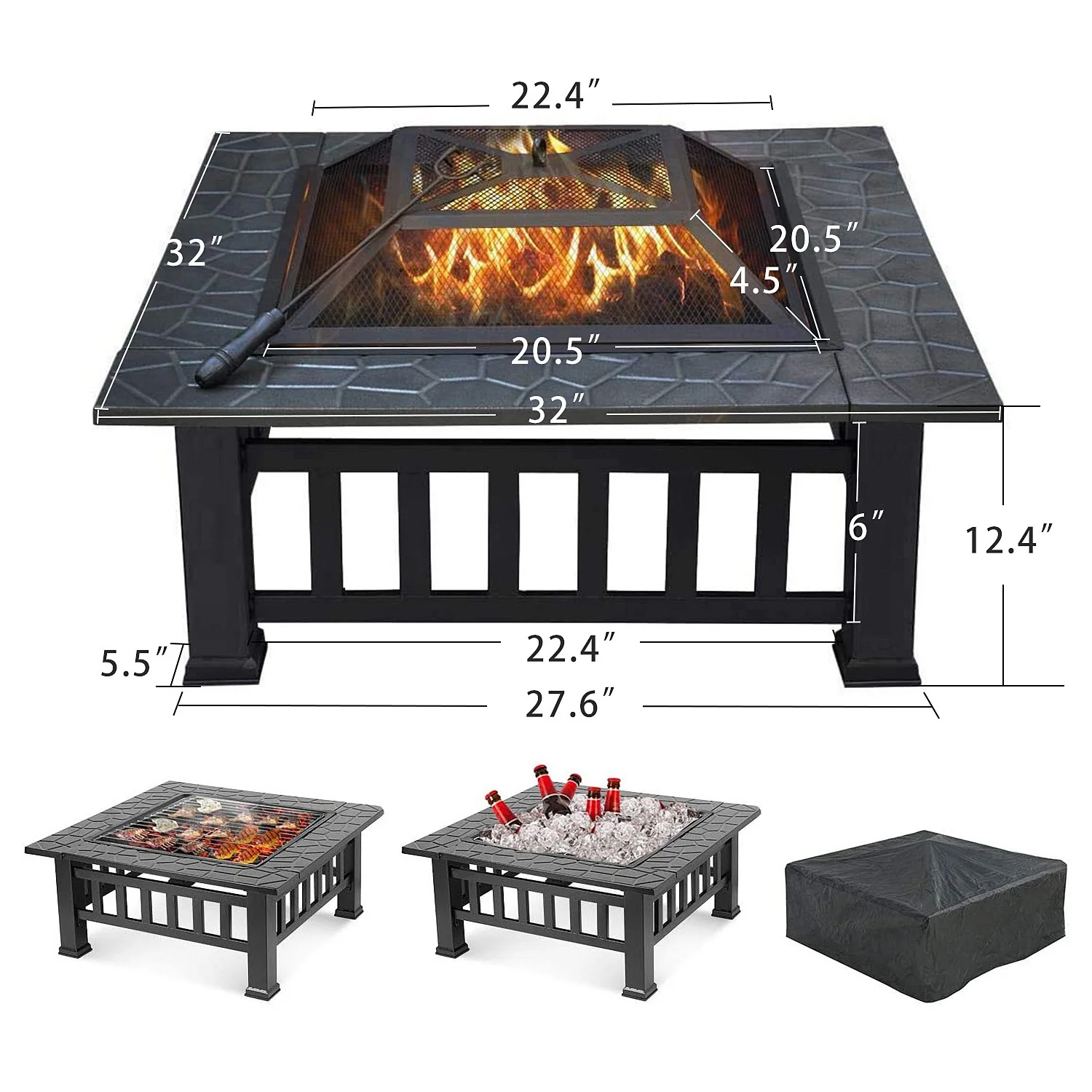 32" Gray Square Charcoal or Wood Burning Fire Pit with Cover By Homeroots - Image 7
