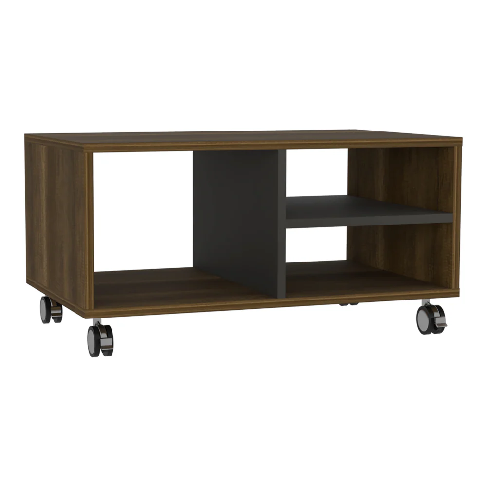 32" Walnut and Black Open Rectangular Coffee Table With Three Shelves By Homeroots - Image 2