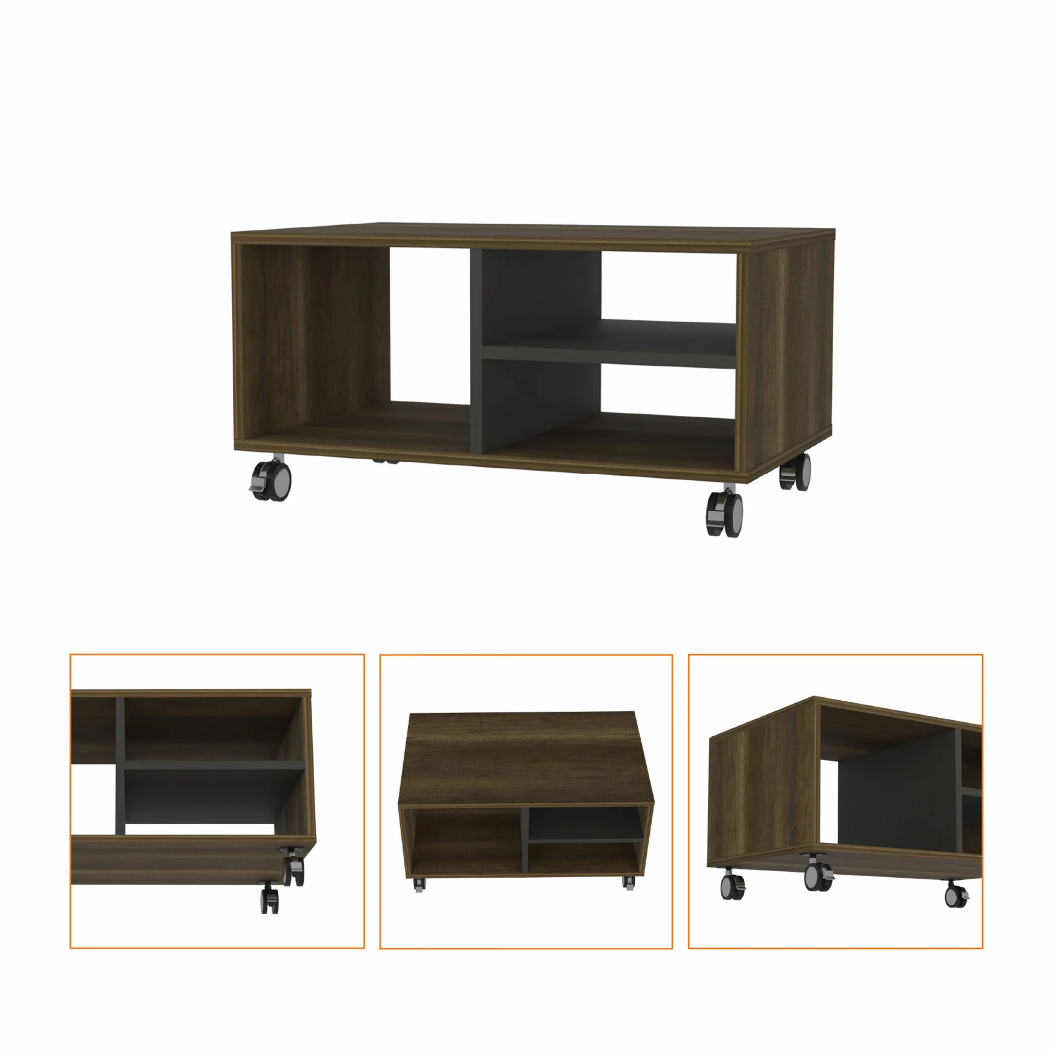 32" Walnut and Black Open Rectangular Coffee Table With Three Shelves By Homeroots - Image 3