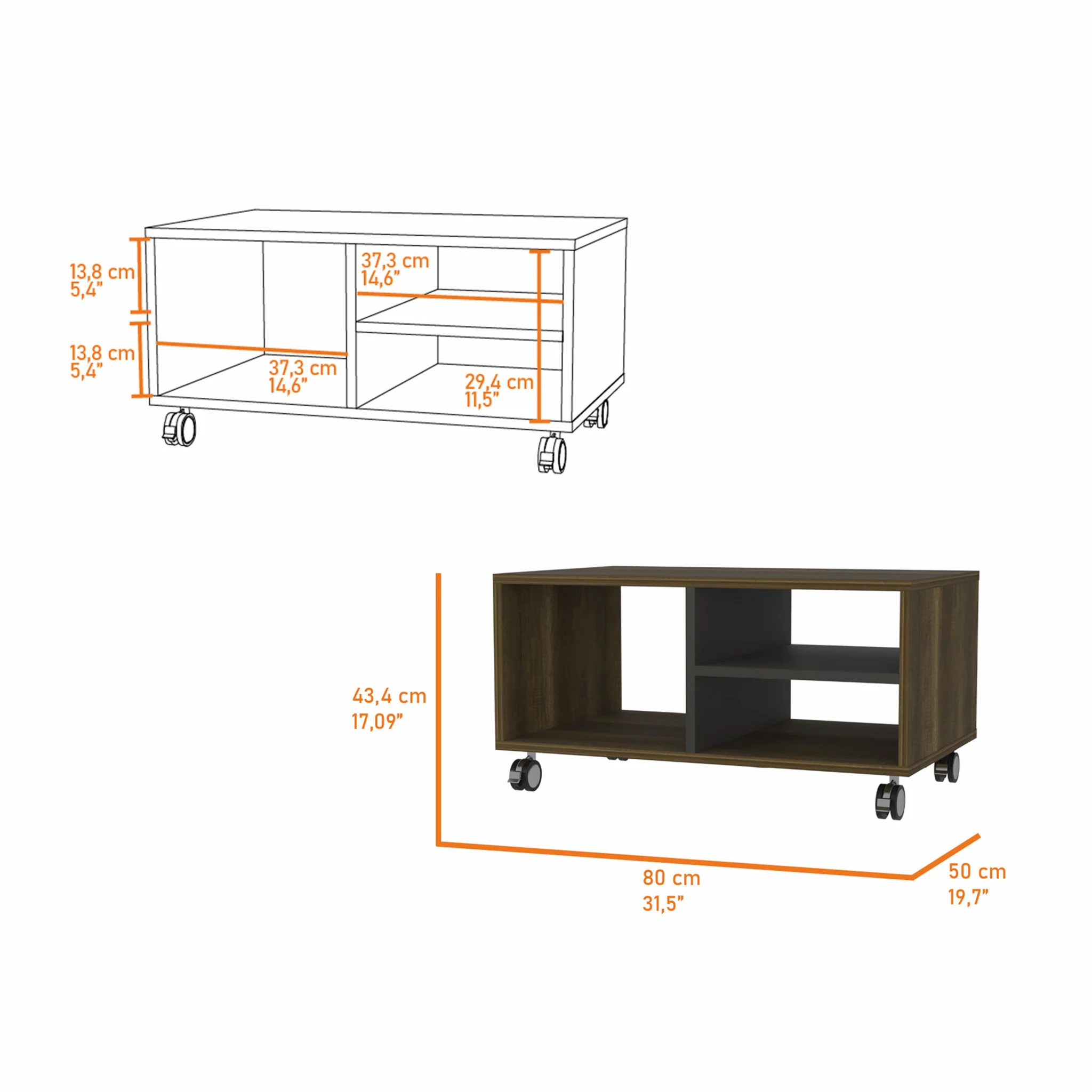 32" Walnut and Black Open Rectangular Coffee Table With Three Shelves By Homeroots - Image 4
