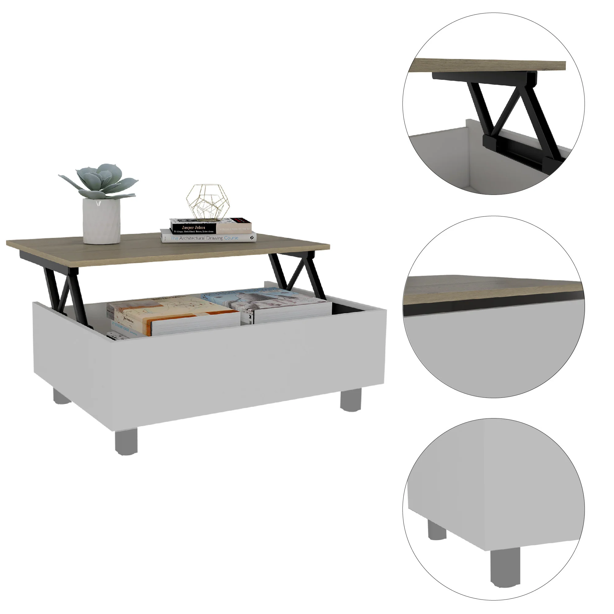 32" White And Light Oak Manufactured Wood Rectangular Lift Top Coffee Table With Drawer And Shelf By Homeroots - Image 3