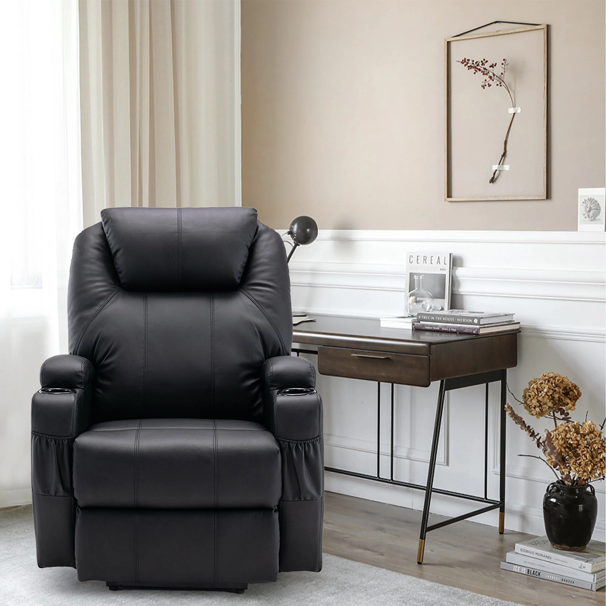 33" Black Faux Leather Power Heated Massge Lift Assist Recliner By Homeroots - Image 3