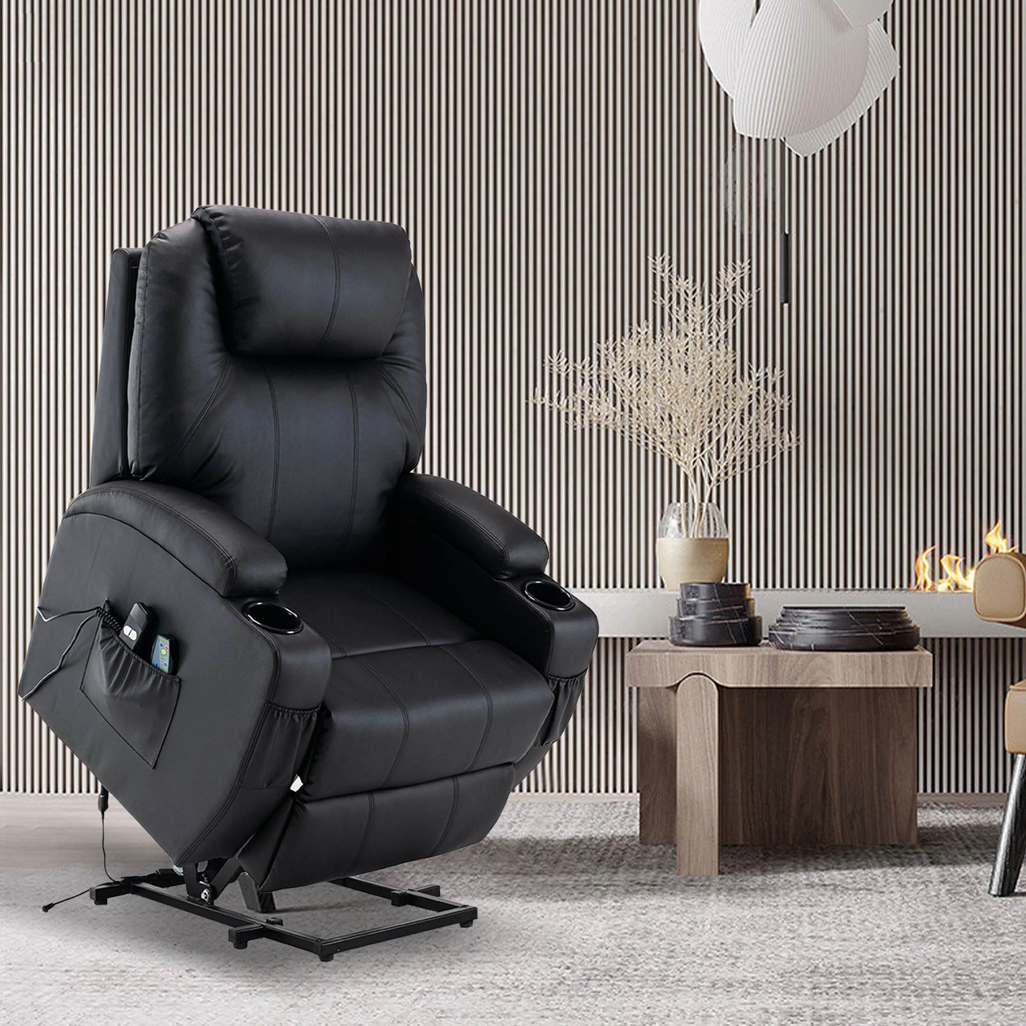 33" Black Faux Leather Power Heated Massge Lift Assist Recliner By Homeroots - Image 4