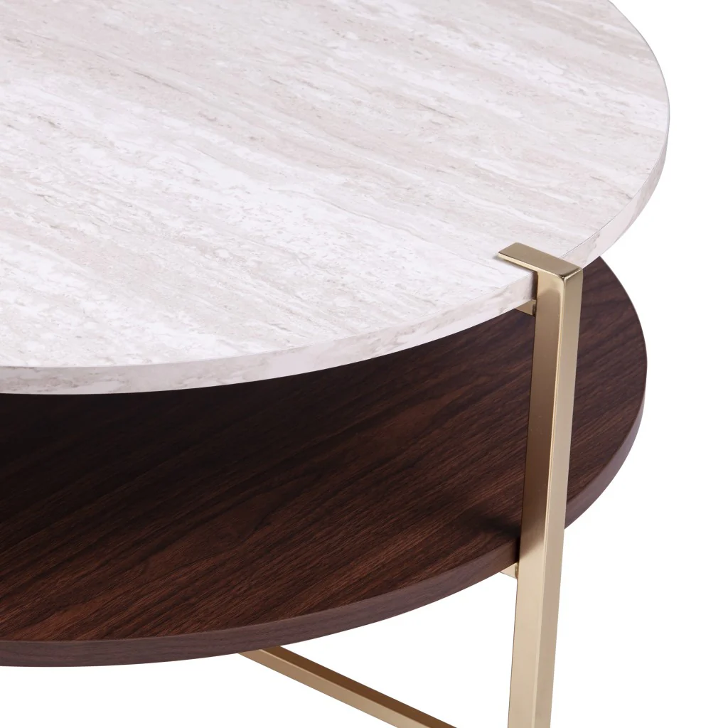 33" Brass Solid Manufactured Wood And Metal Round Coffee Table By Homeroots - Image 5