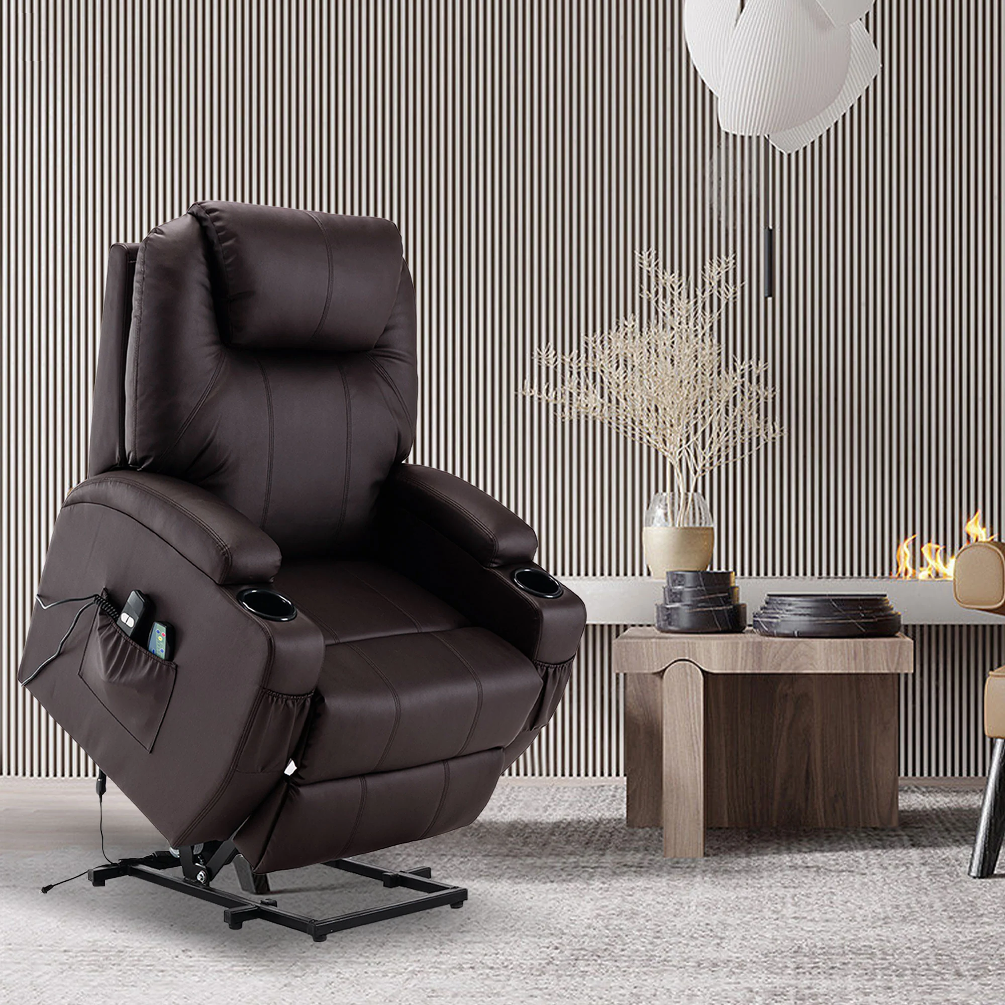 33" Brown Faux Leather Power Heated Massge Lift Assist Recliner By Homeroots - Image 3