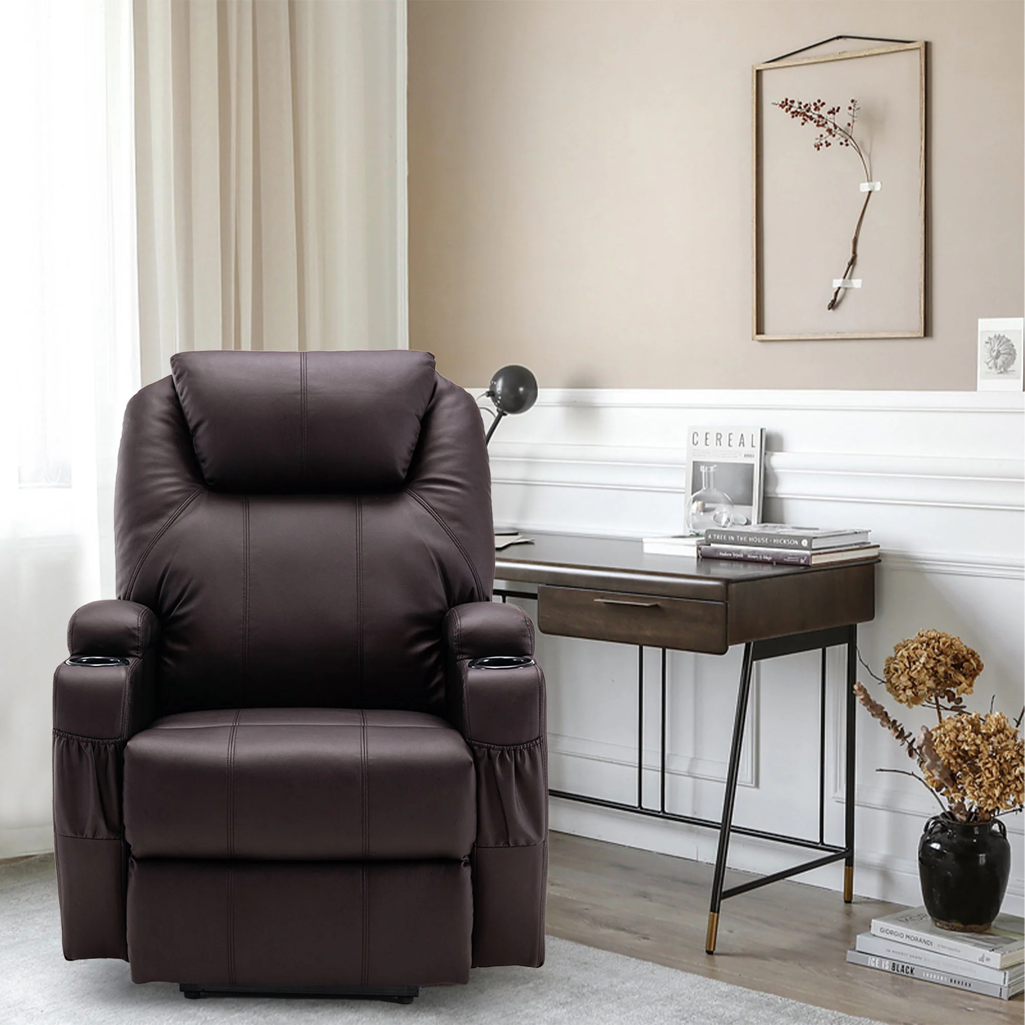 33" Brown Faux Leather Power Heated Massge Lift Assist Recliner By Homeroots - Image 4