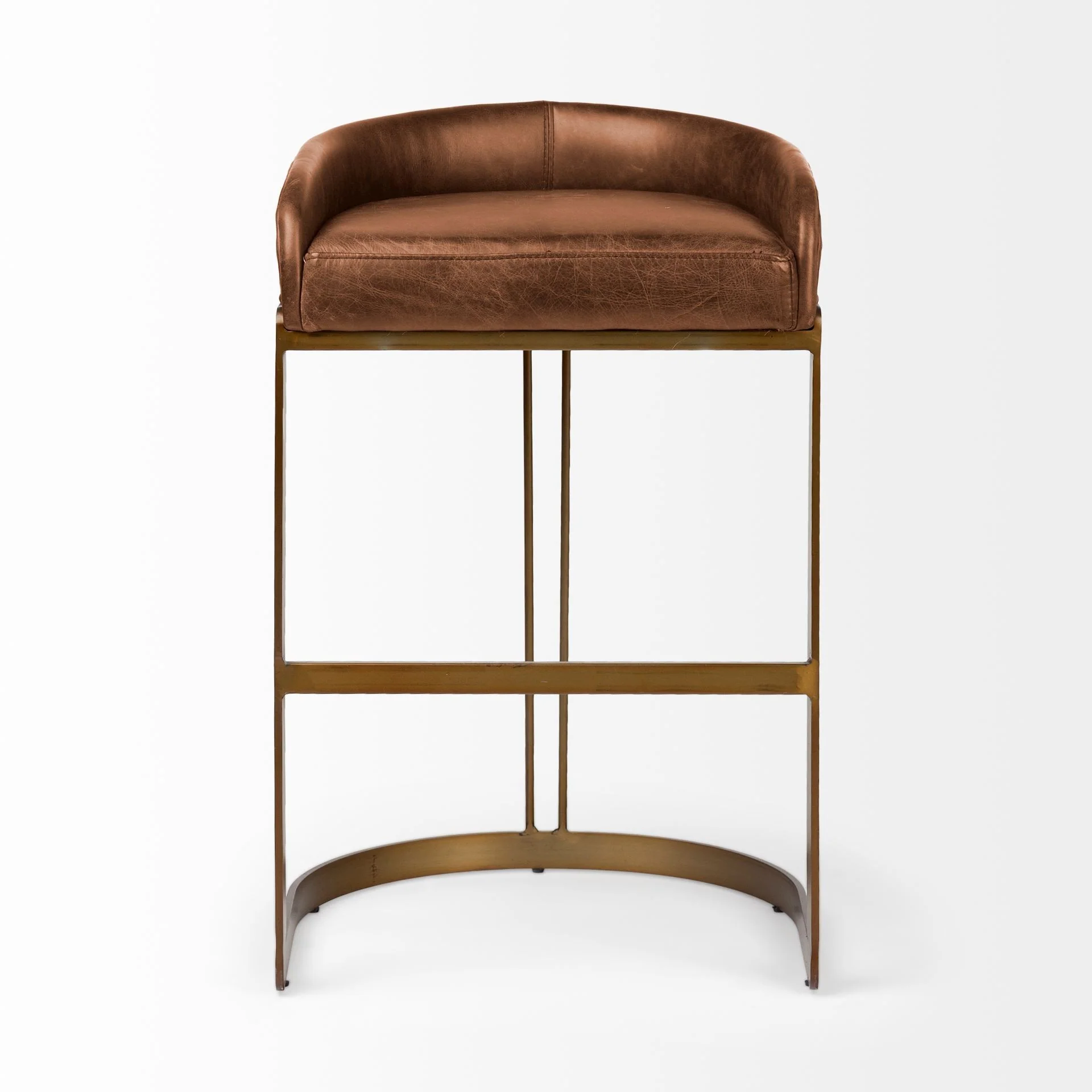 33' Brown Leather Antiqued Gold Low Back Bar Stool By Homeroots - Image 2