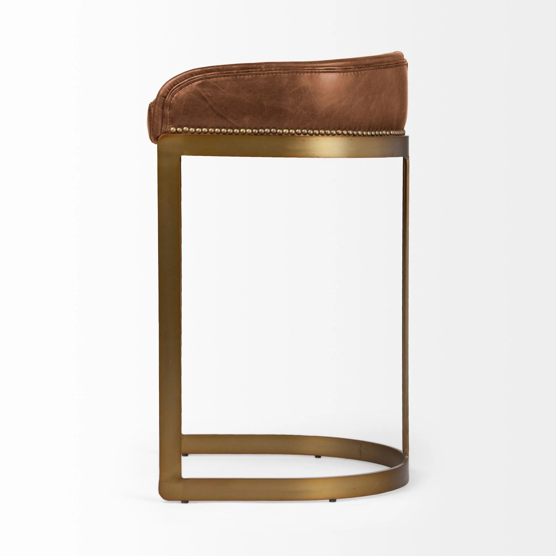 33' Brown Leather Antiqued Gold Low Back Bar Stool By Homeroots - Image 3