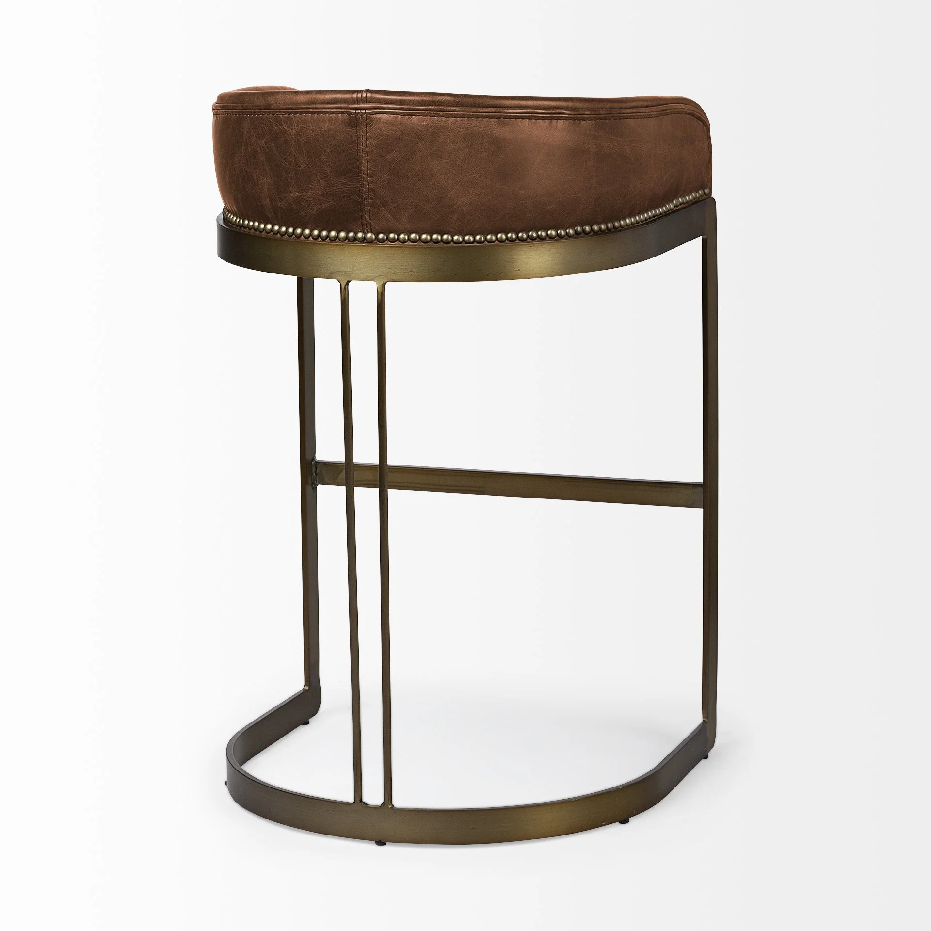 33' Brown Leather Antiqued Gold Low Back Bar Stool By Homeroots - Image 5