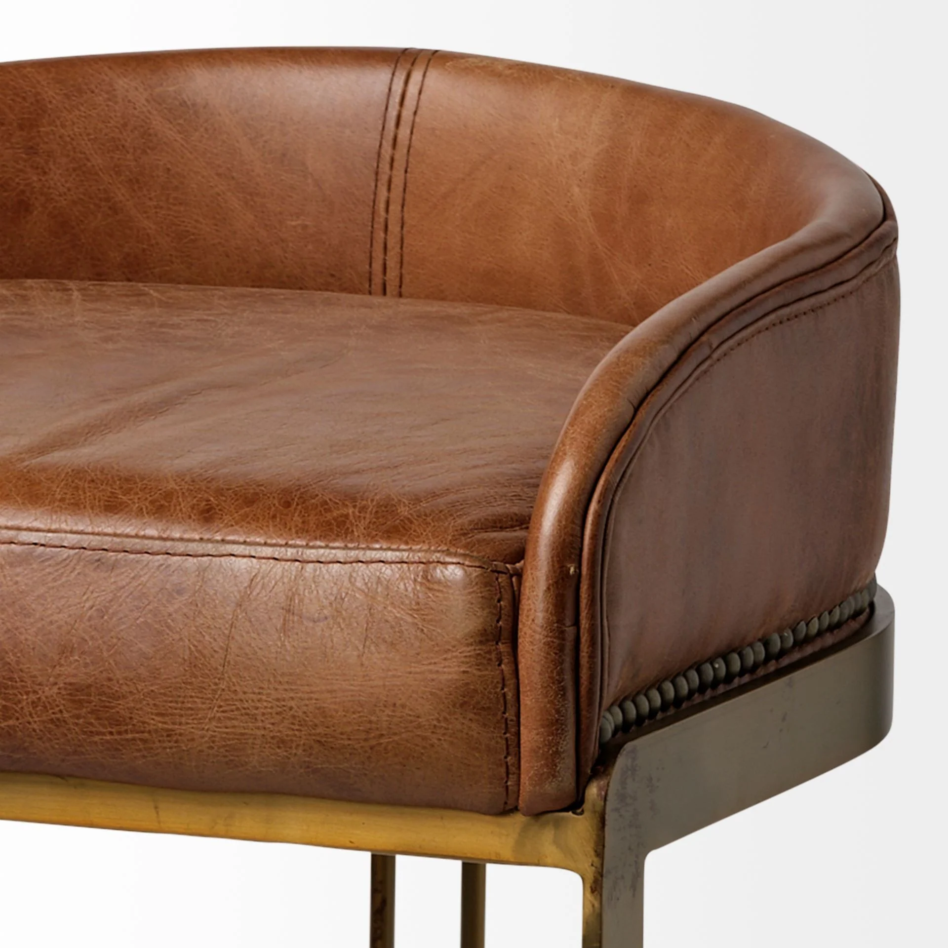 33' Brown Leather Antiqued Gold Low Back Bar Stool By Homeroots - Image 6