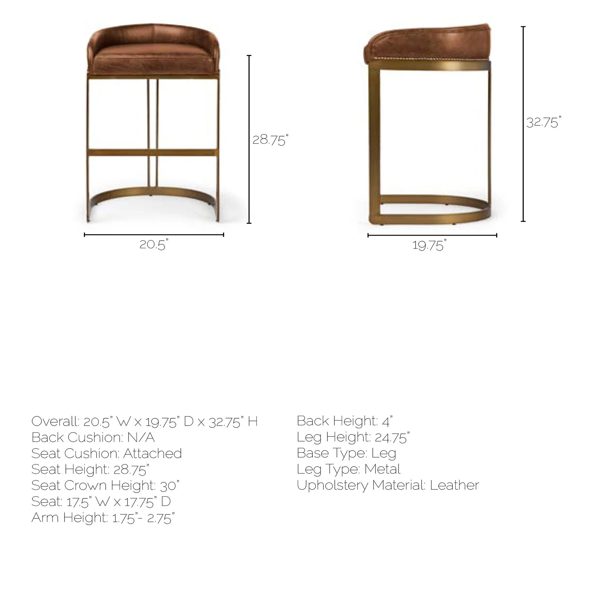 33' Brown Leather Antiqued Gold Low Back Bar Stool By Homeroots - Image 8