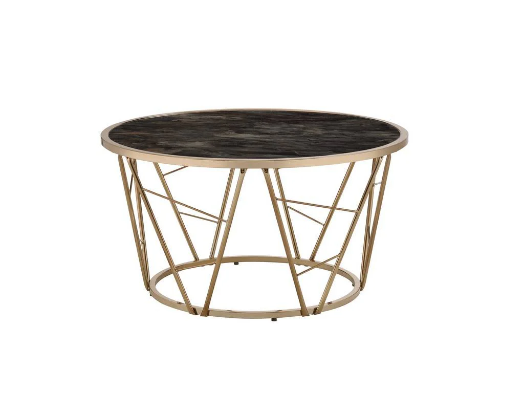 33" Gold Steel And Faux Black Marble Round Top Coffee Table By Homeroots - Image 3