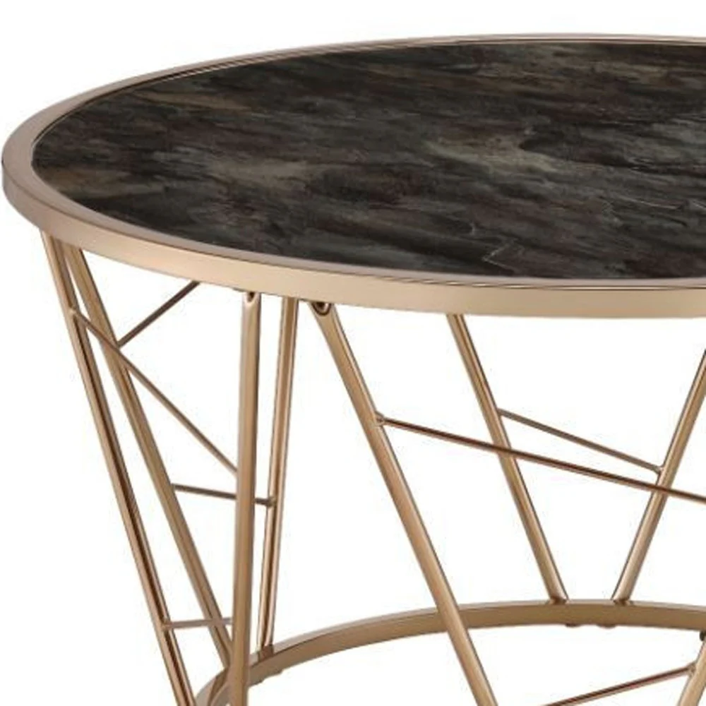33" Gold Steel And Faux Black Marble Round Top Coffee Table By Homeroots - Image 4
