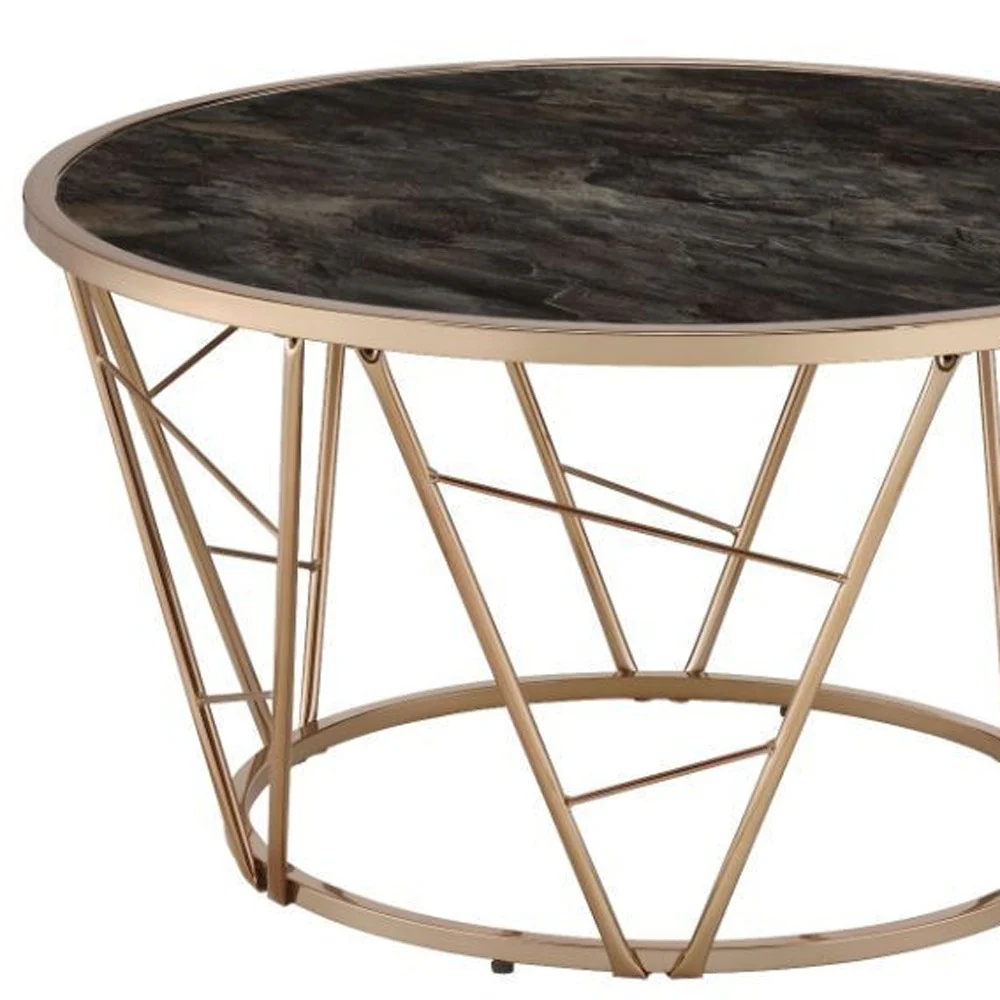 33" Gold Steel And Faux Black Marble Round Top Coffee Table By Homeroots - Image 5