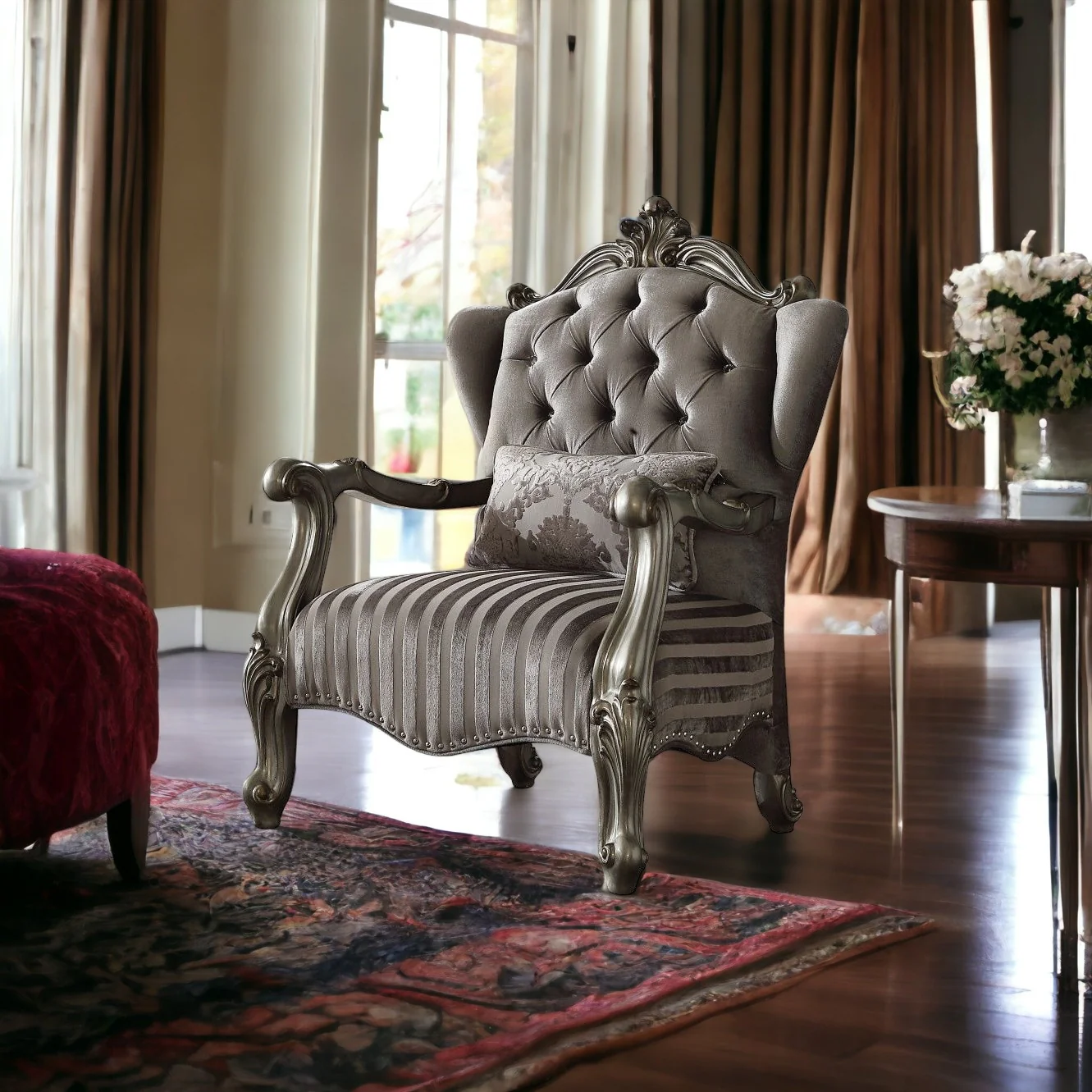 33" Gray And Platinum Velvet Striped Tufted Wingback Chair By Homeroots - Image 2