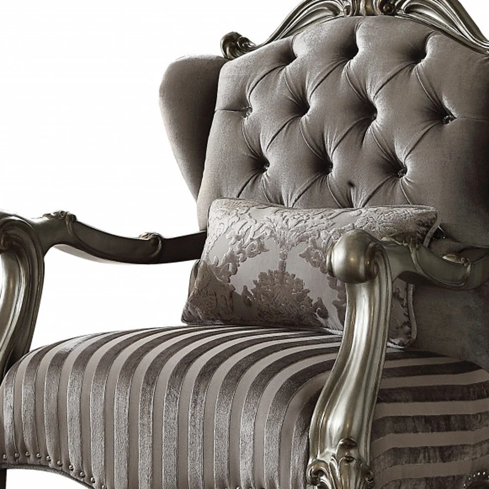 33" Gray And Platinum Velvet Striped Tufted Wingback Chair By Homeroots - Image 3