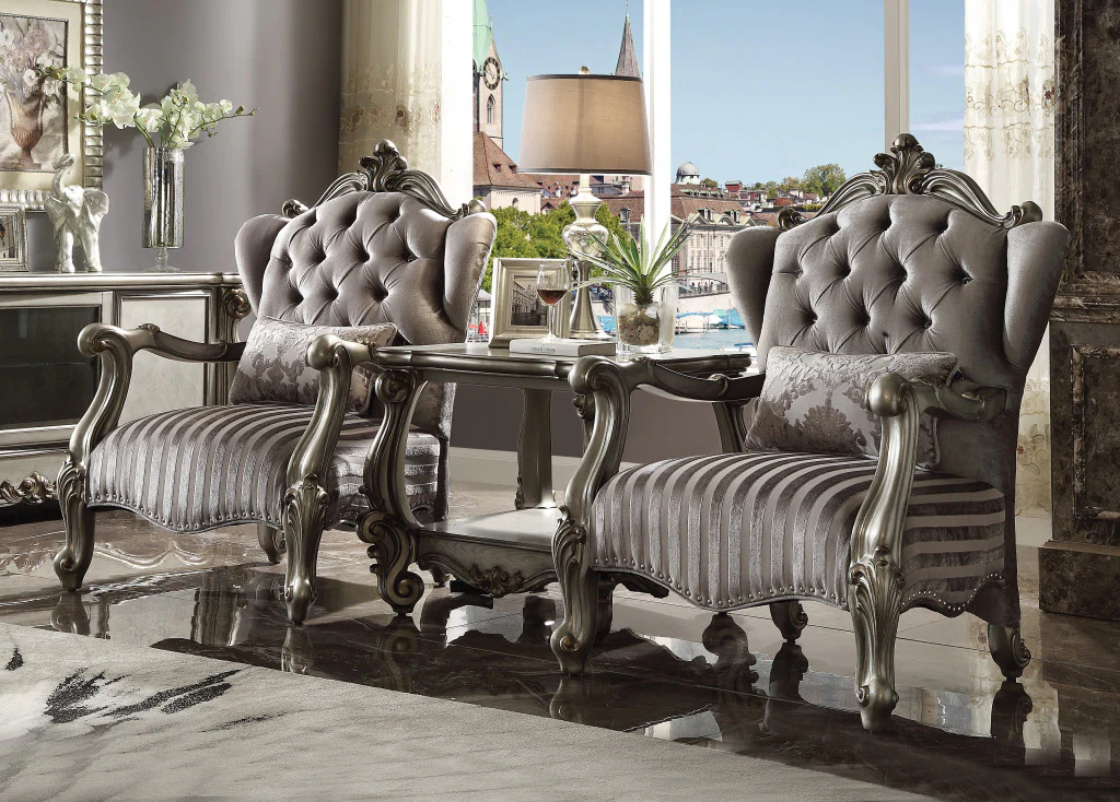 33" Gray And Platinum Velvet Striped Tufted Wingback Chair By Homeroots - Image 4