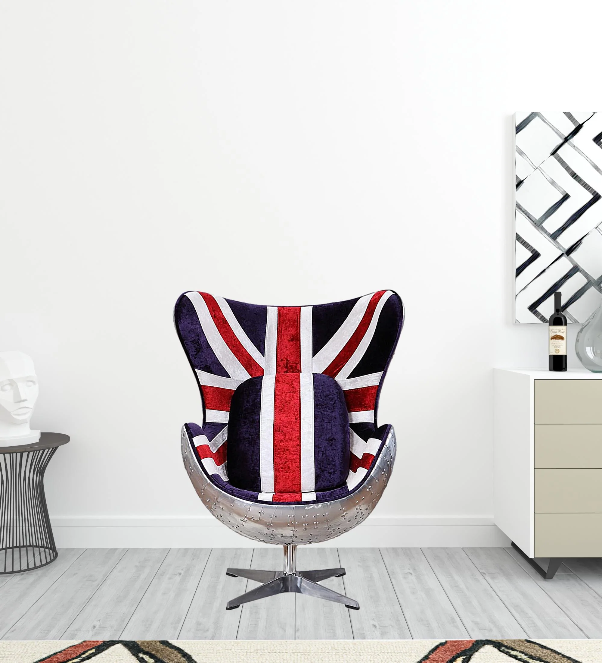 33" Red White and Blue Velvet And Silver Great Britain Flag Swivel Lounge Chair By Homeroots - Image 2