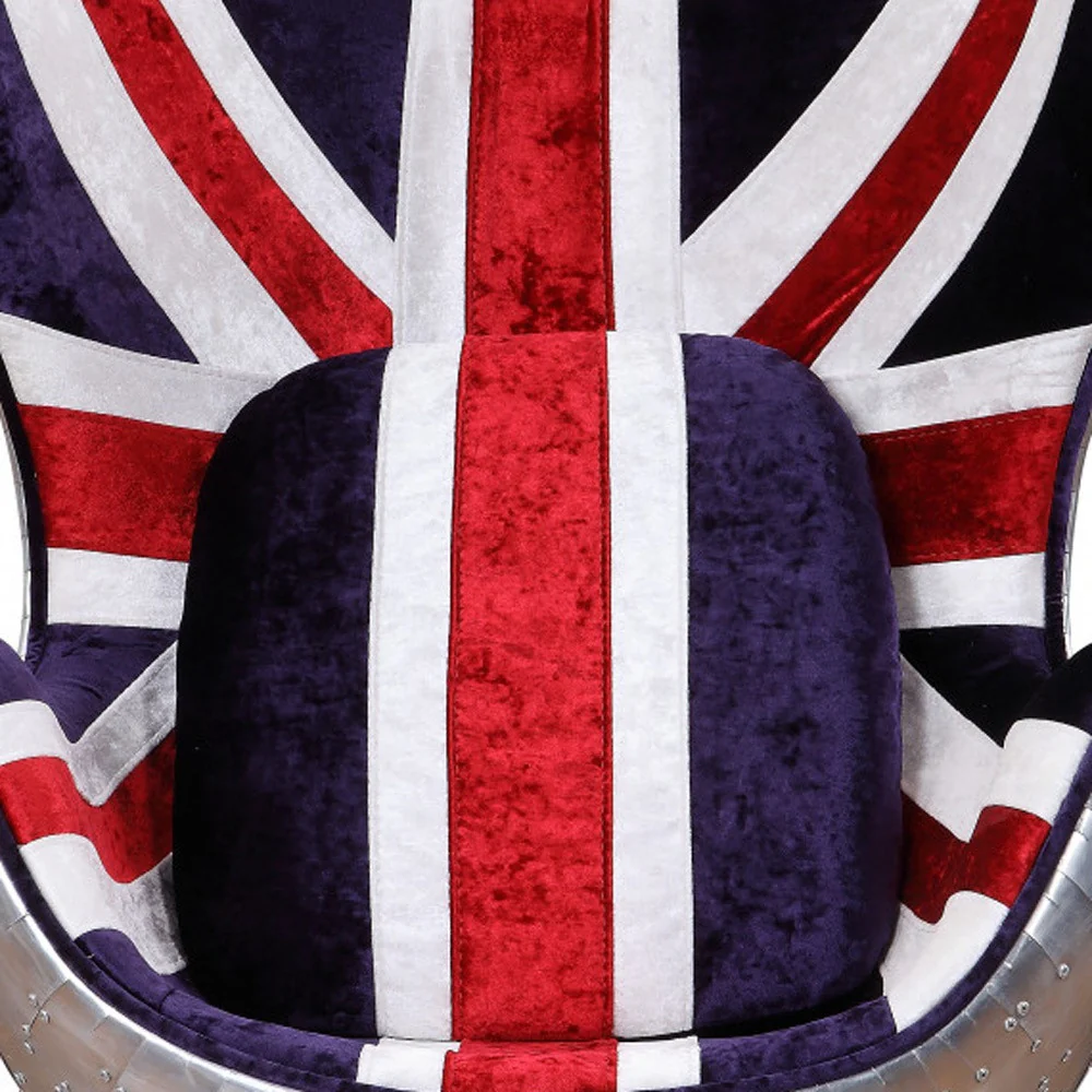 33" Red White and Blue Velvet And Silver Great Britain Flag Swivel Lounge Chair By Homeroots - Image 3