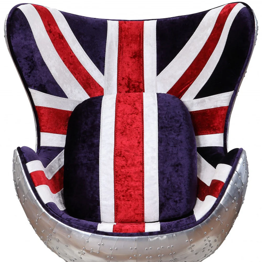 33" Red White and Blue Velvet And Silver Great Britain Flag Swivel Lounge Chair By Homeroots - Image 4
