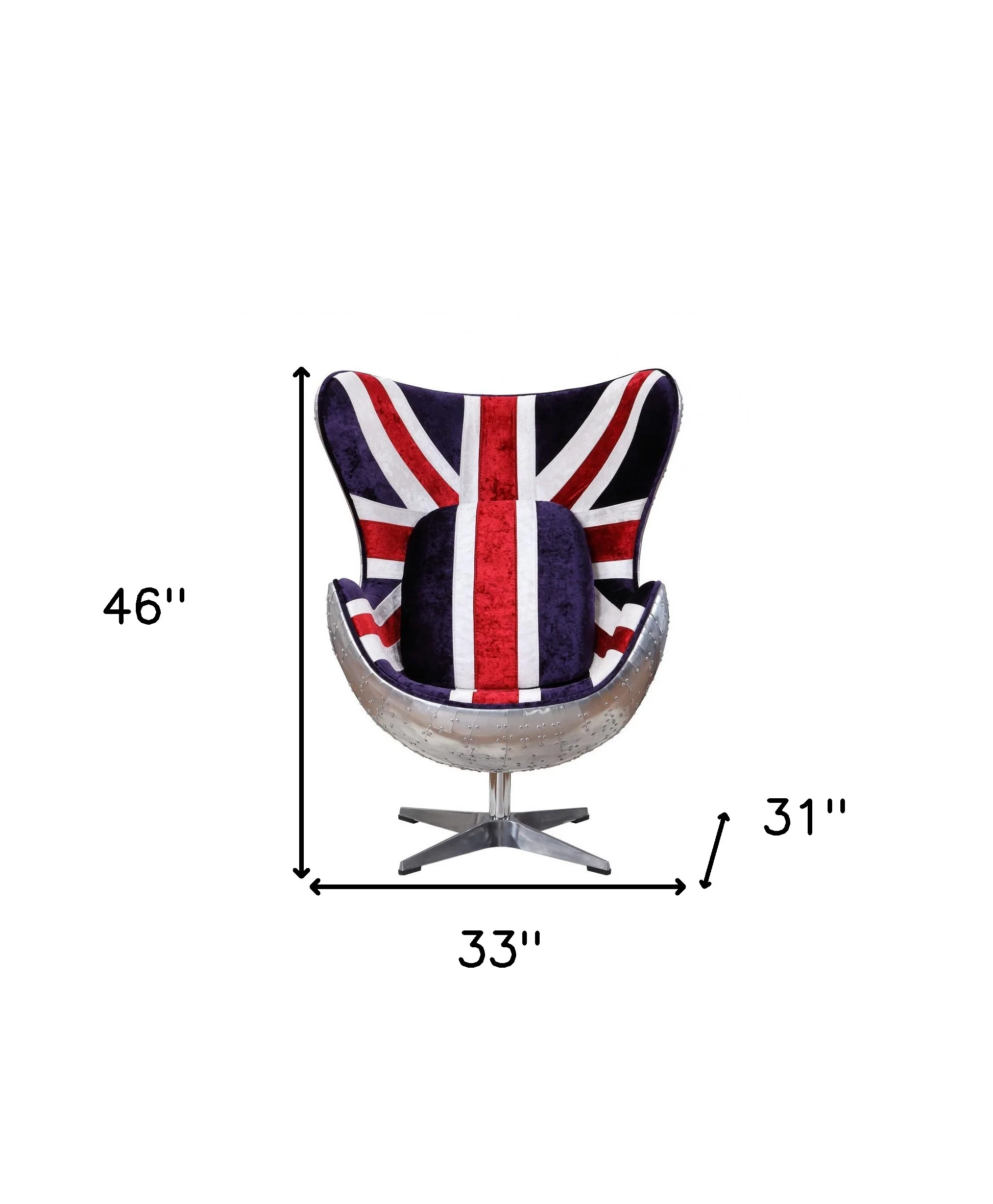 33" Red White and Blue Velvet And Silver Great Britain Flag Swivel Lounge Chair By Homeroots - Image 5
