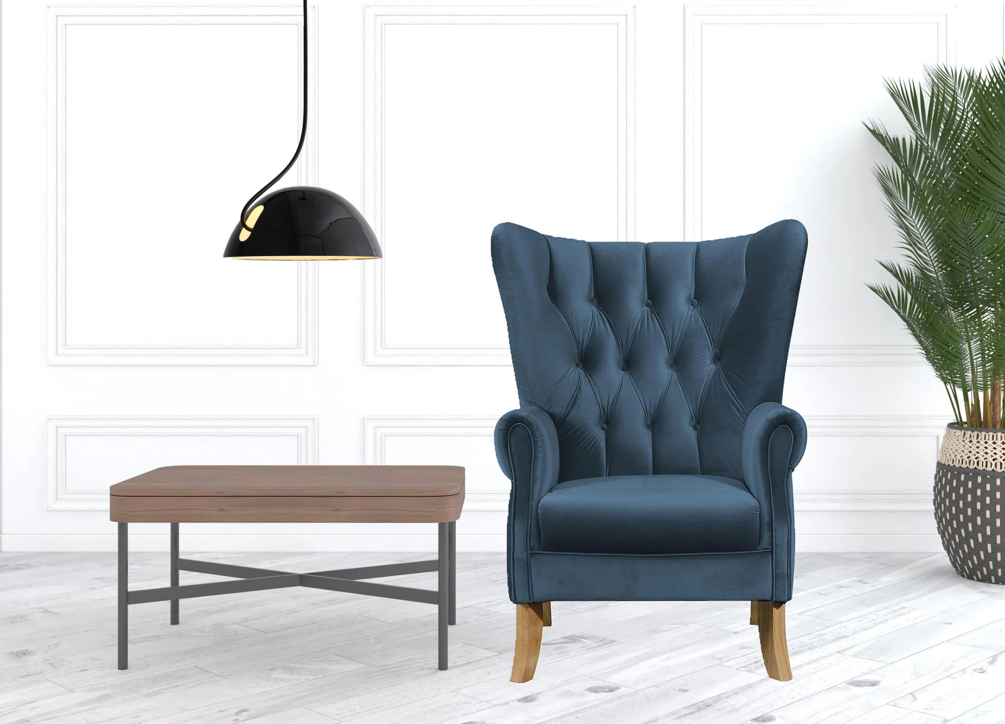 34" Azure Blue Velvet And Brown Solid Color Wingback Chair By Homeroots - Image 3