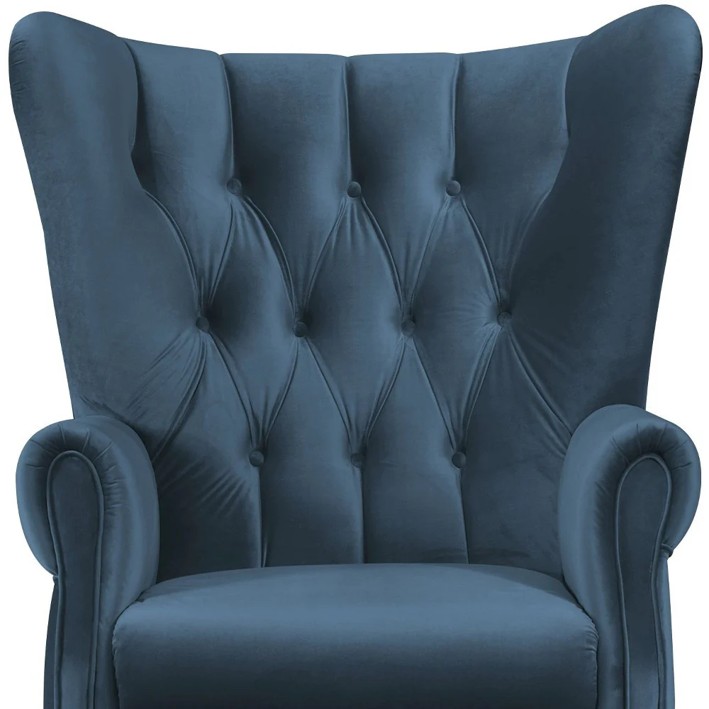 34" Azure Blue Velvet And Brown Solid Color Wingback Chair By Homeroots - Image 4